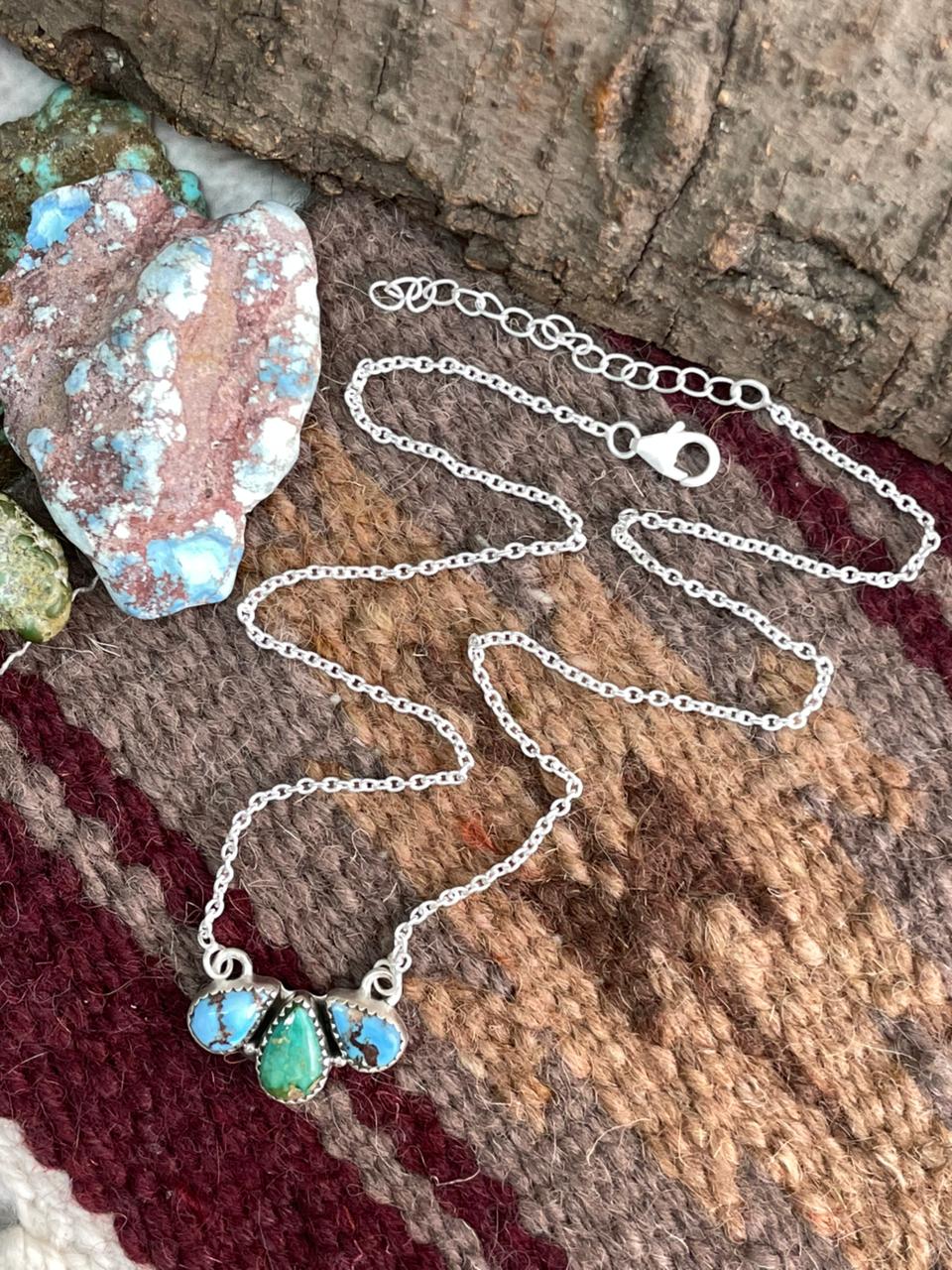 Handmade Sterling Silver Golden Hills Turquoise with Sonoran Mountain Turquoise Necklace "Signed Nizhoni"