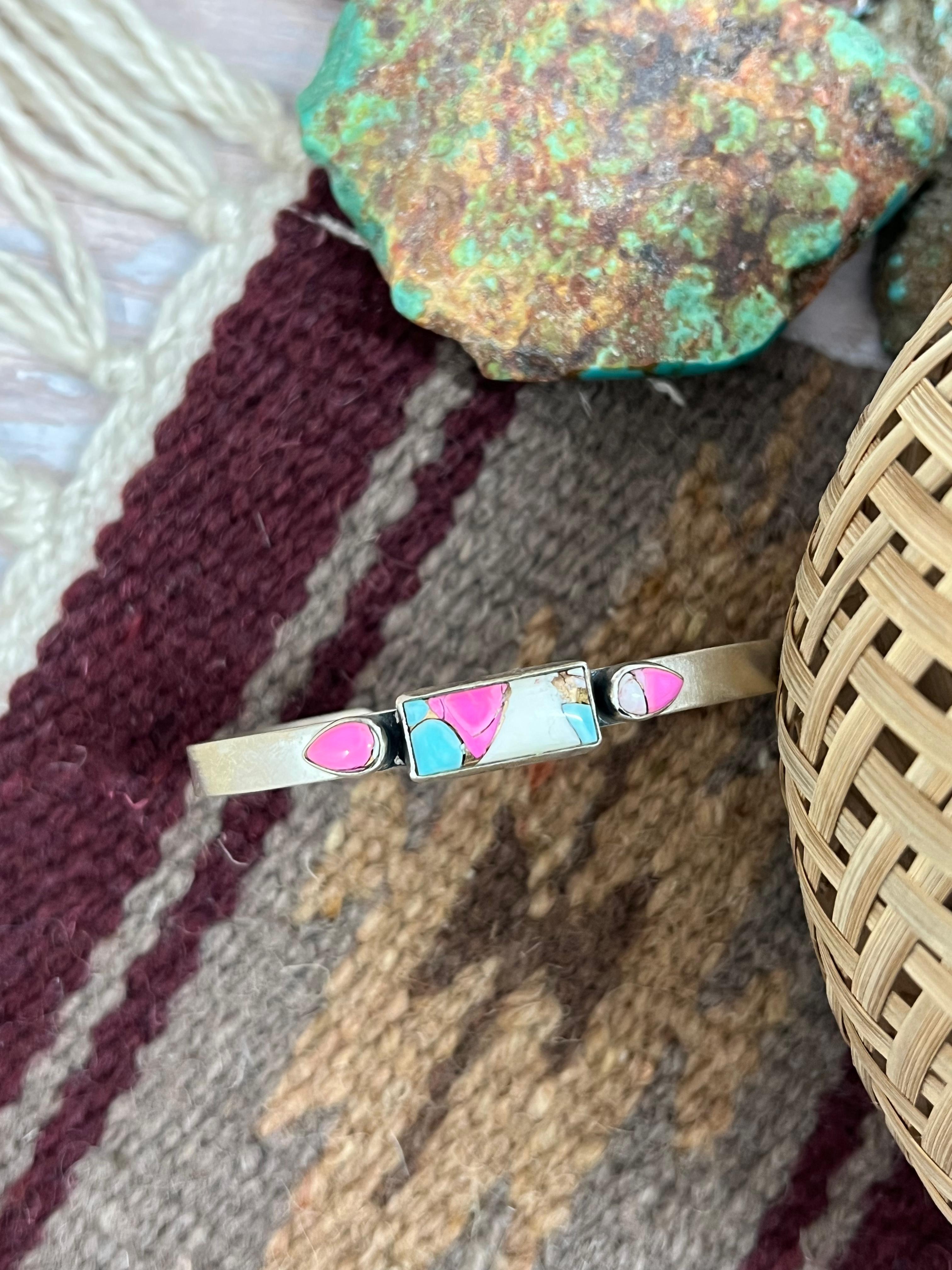 Handmade Sterling Silver Cotton Candy Turquoise Cuff Bracelet with Signed Nizhoni