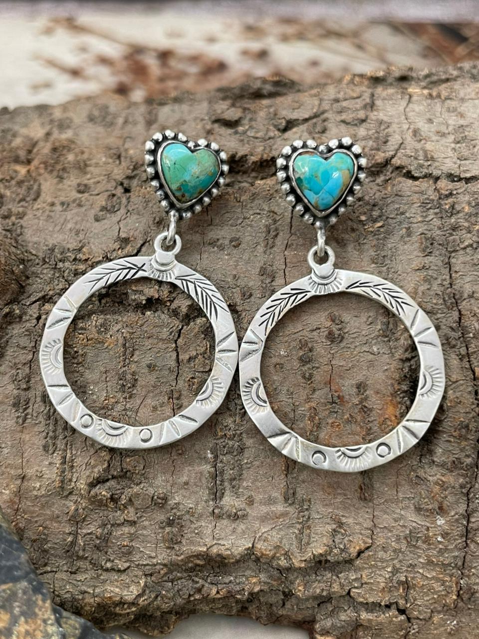 "Heart Collection" Handmade Sterling Silver Kingman Turquoise Post Dangle Earrings "Signed Nizhoni"