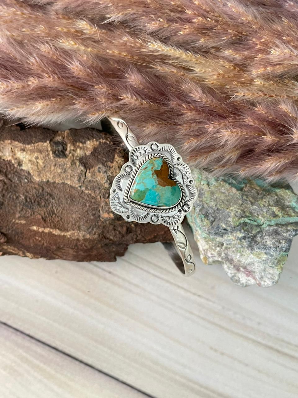 Handmade Sterling Silver Kingman Turquoise Heart Cuff Bracelet Signed Nizhoni