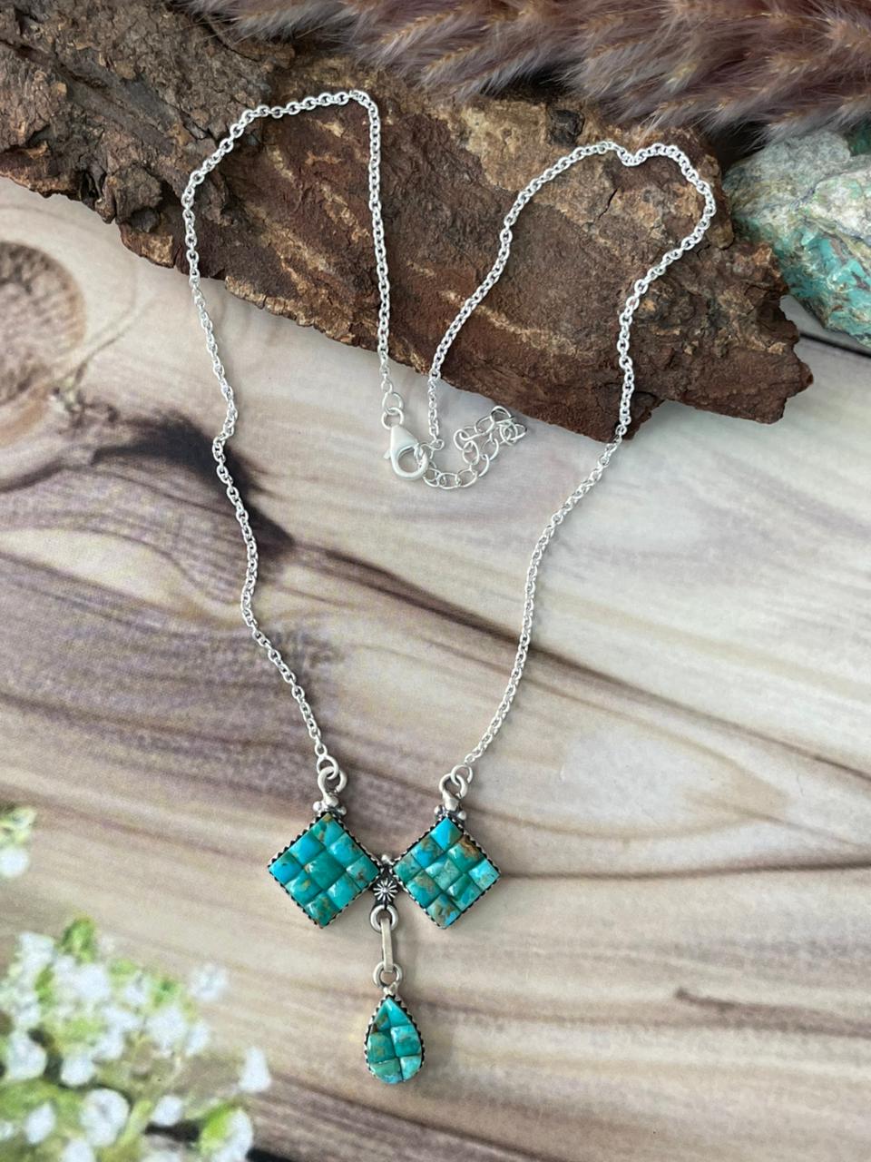 Handmade Sterling Silver Kingman Turquoise Cobble Stone Necklace Signed Nizhoni