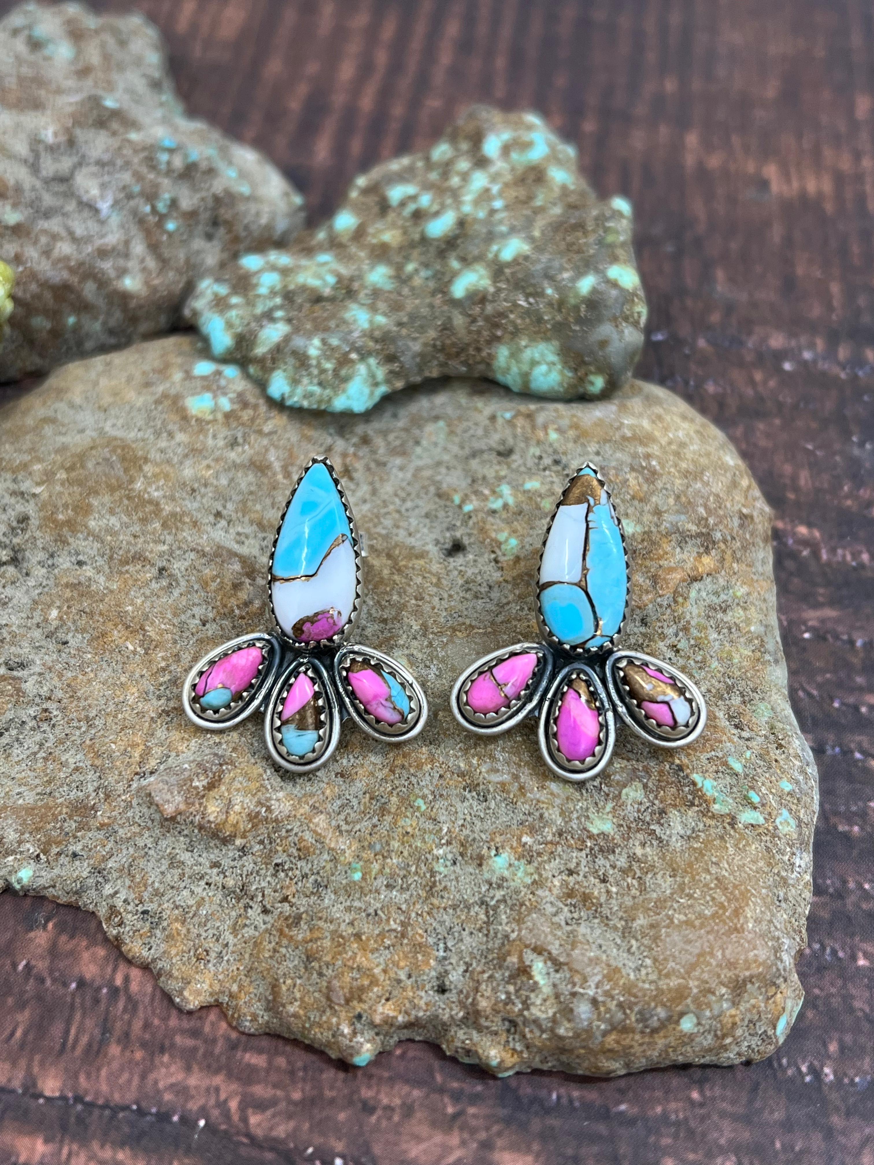 Handmade Sterling Silver Cotton Candy Turquoise Post Earrings with Signed Nizhoni