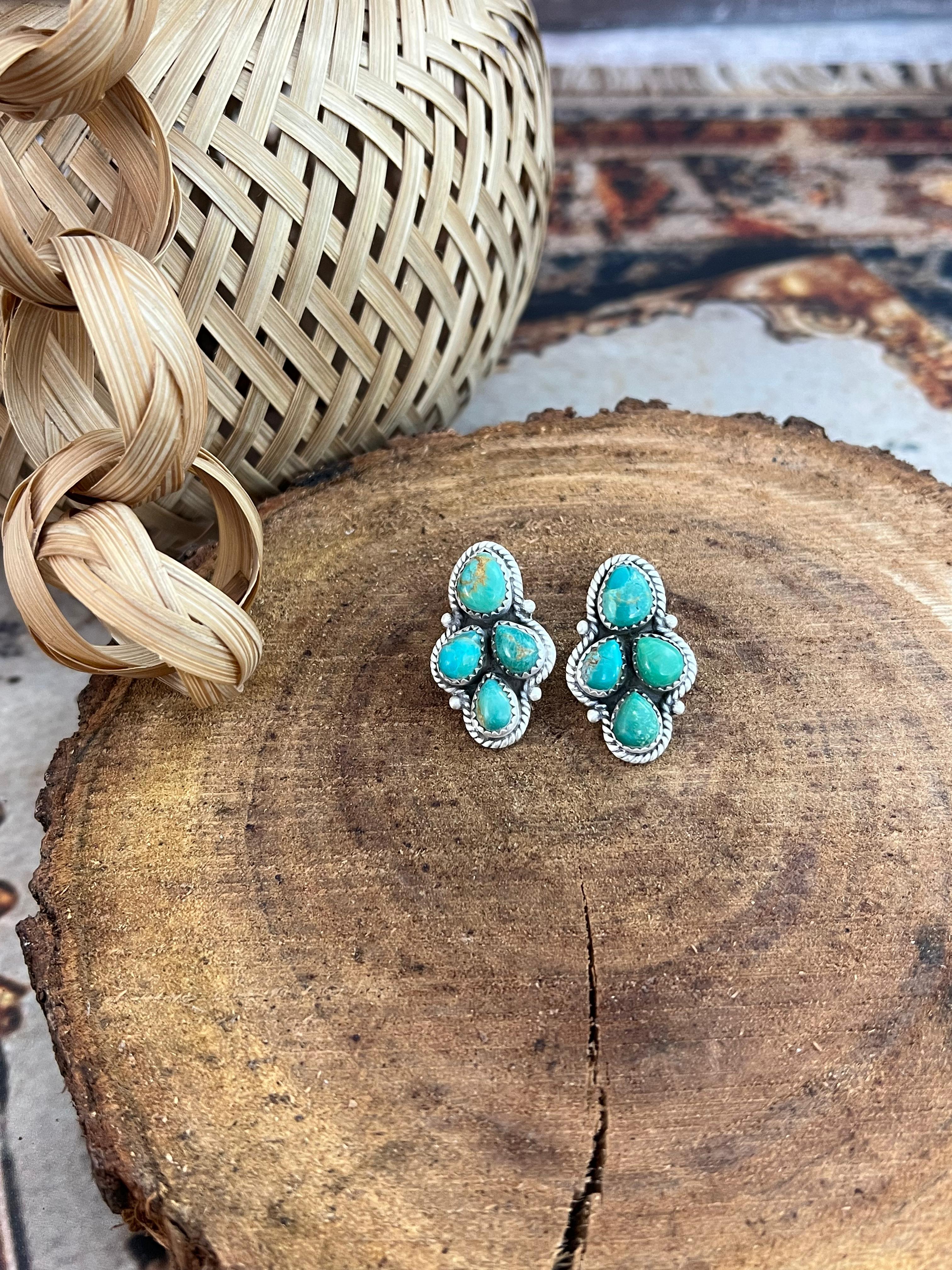 Handmade Sterling Silver Kingman Turquoise Post Studs with Signed Nizhoni