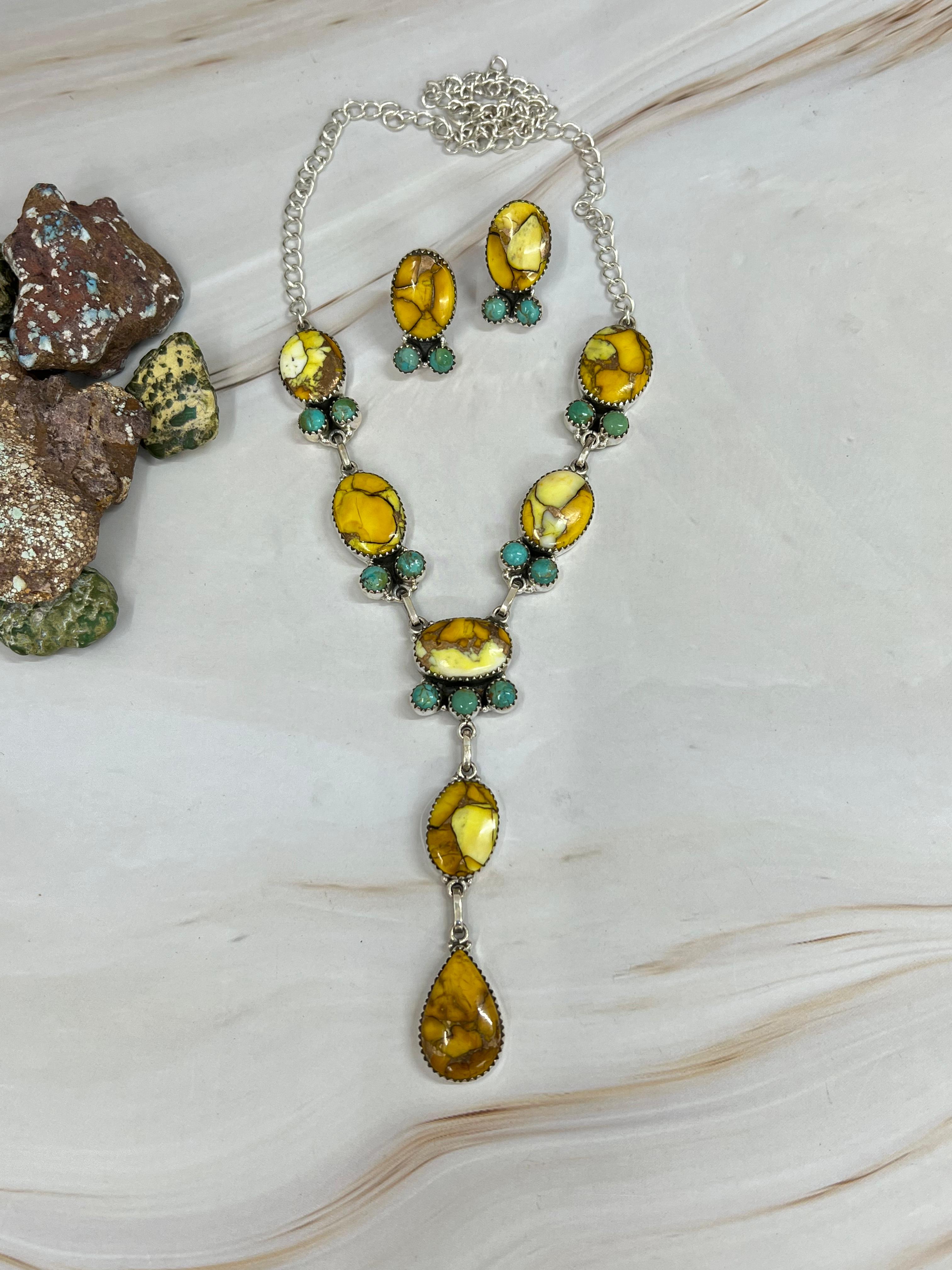 Handmade Sterling Silver Honey Dahlia with Kingman Turquoise Necklace Earrings Set, Signed Nizhoni