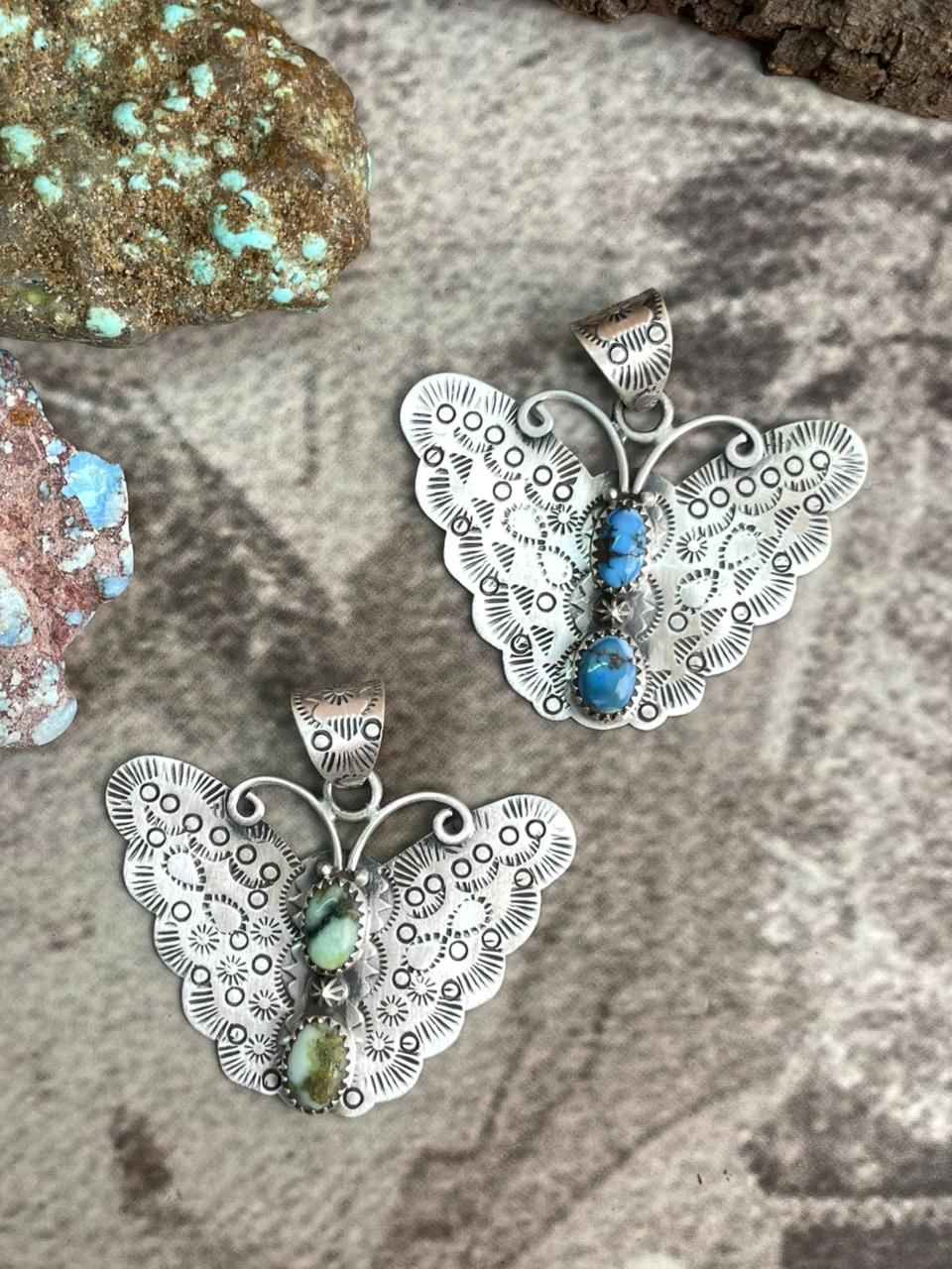Handmade Sterling Silver Palomino Turquoise, Golden Hills Turquoise Butterfly Pendant with Signed Nizhoni