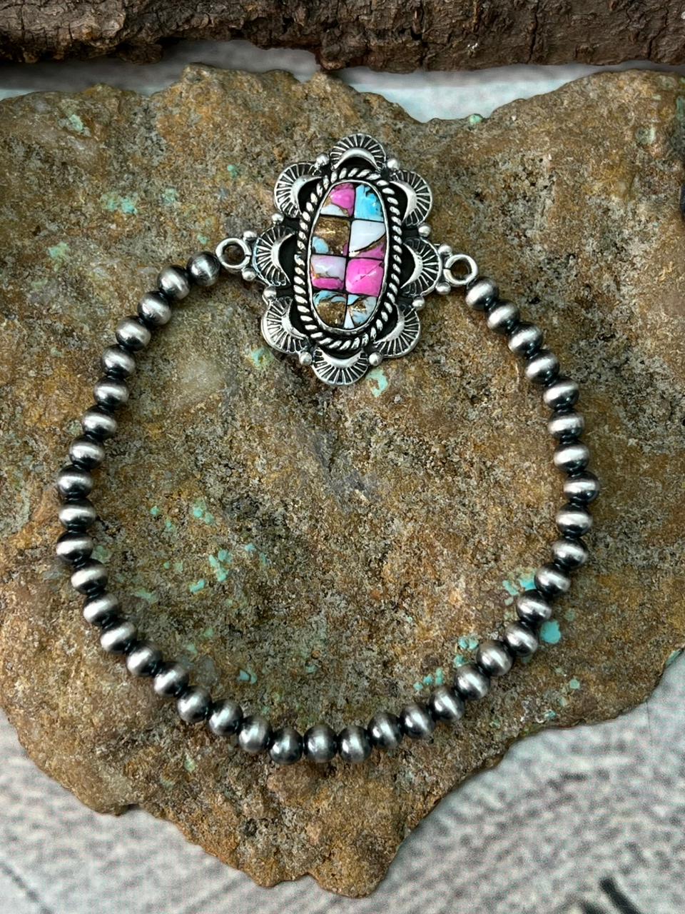 Handmade Sterling Silver Beaded Cotton Candy Bracelet "Signed Nizhoni"