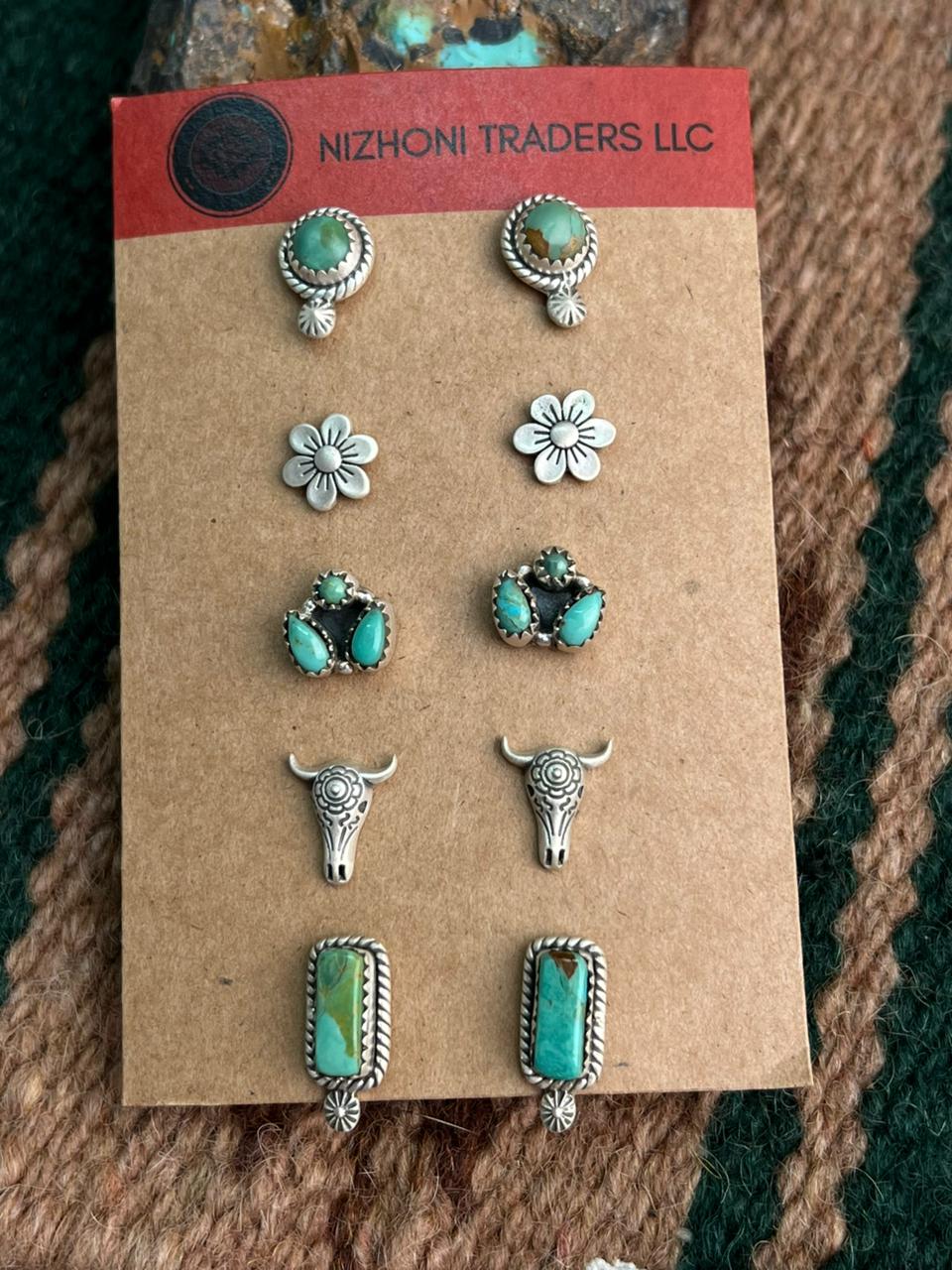 Handmade Sterling Silver Kingman Turquoise Post Earring Set "Signed Nizhoni"