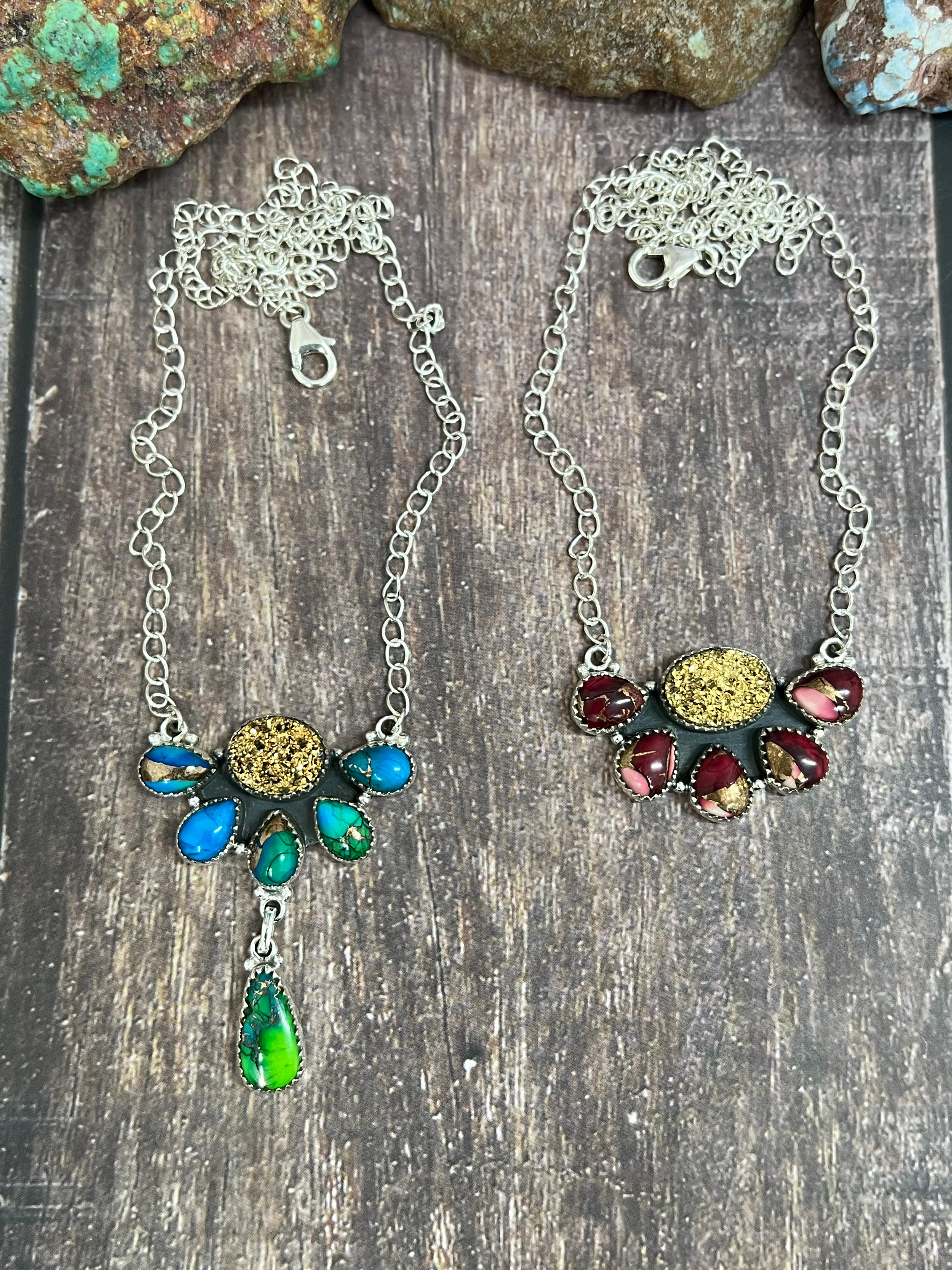 Handmade Sterling Silver Dahlia Rose with Druzy, Peacock Dahlia with Druzy Necklace with Signed Nizhoni