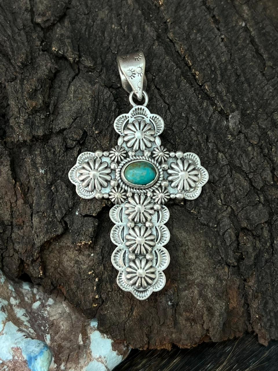 Handmade Sterling Silver Kingman Turquoise Cross Pendant "Signed Nizhoni" (5)