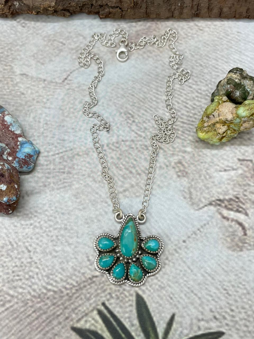 Handmade Sterling Silver Kingman Turquoise Necklace with Signed Nizhoni