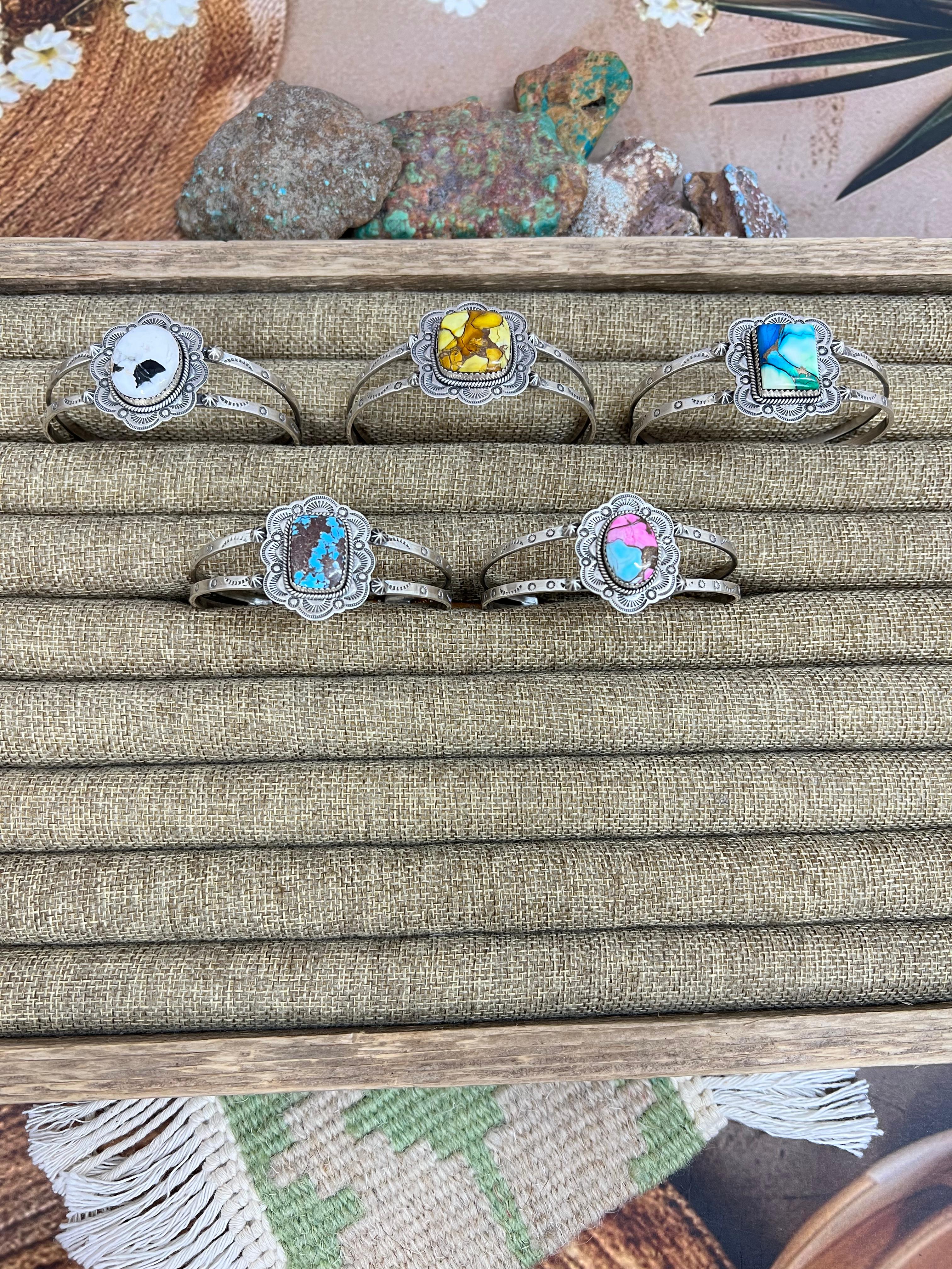 Handmade Sterling Silver Multi Stone Cuff Bracelet, Signed Nizhoni