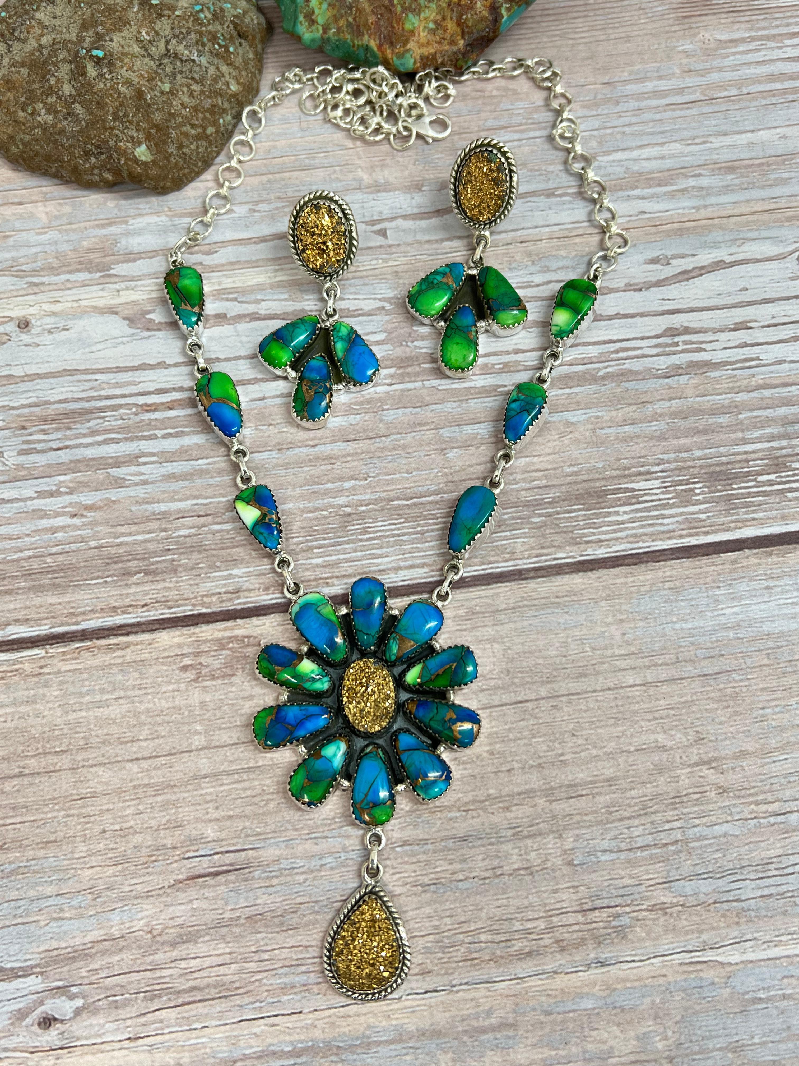 Handmade Sterling Silver Peacock Dahlia with Druzy Necklace Earrings Set with Signed Nizhoni