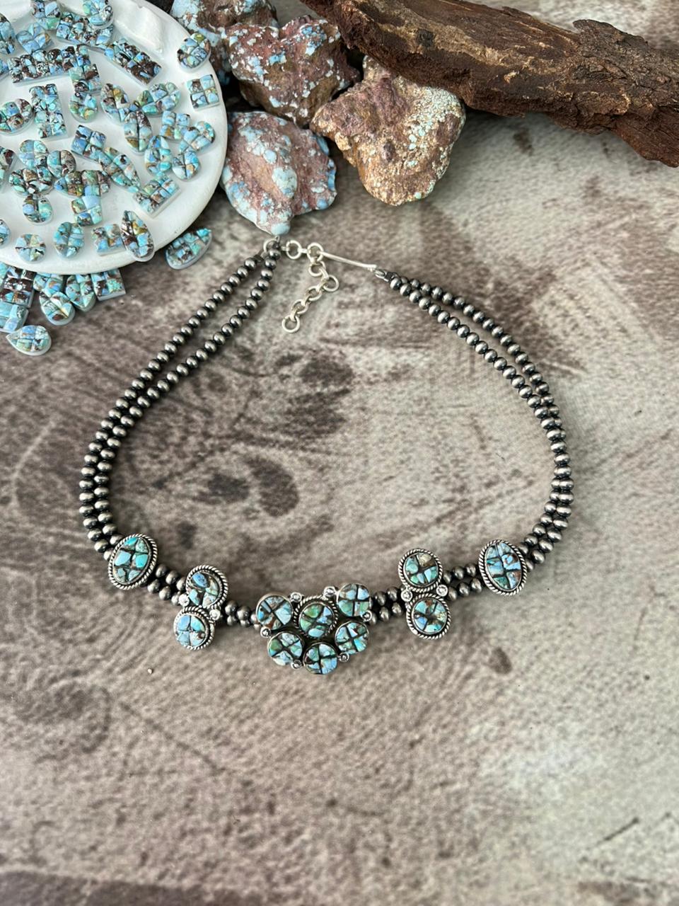 Handmade Sterling Silver 'Golden Hills Turquoise Cobble Collection' Beaded Necklace "Signed Nizhoni"