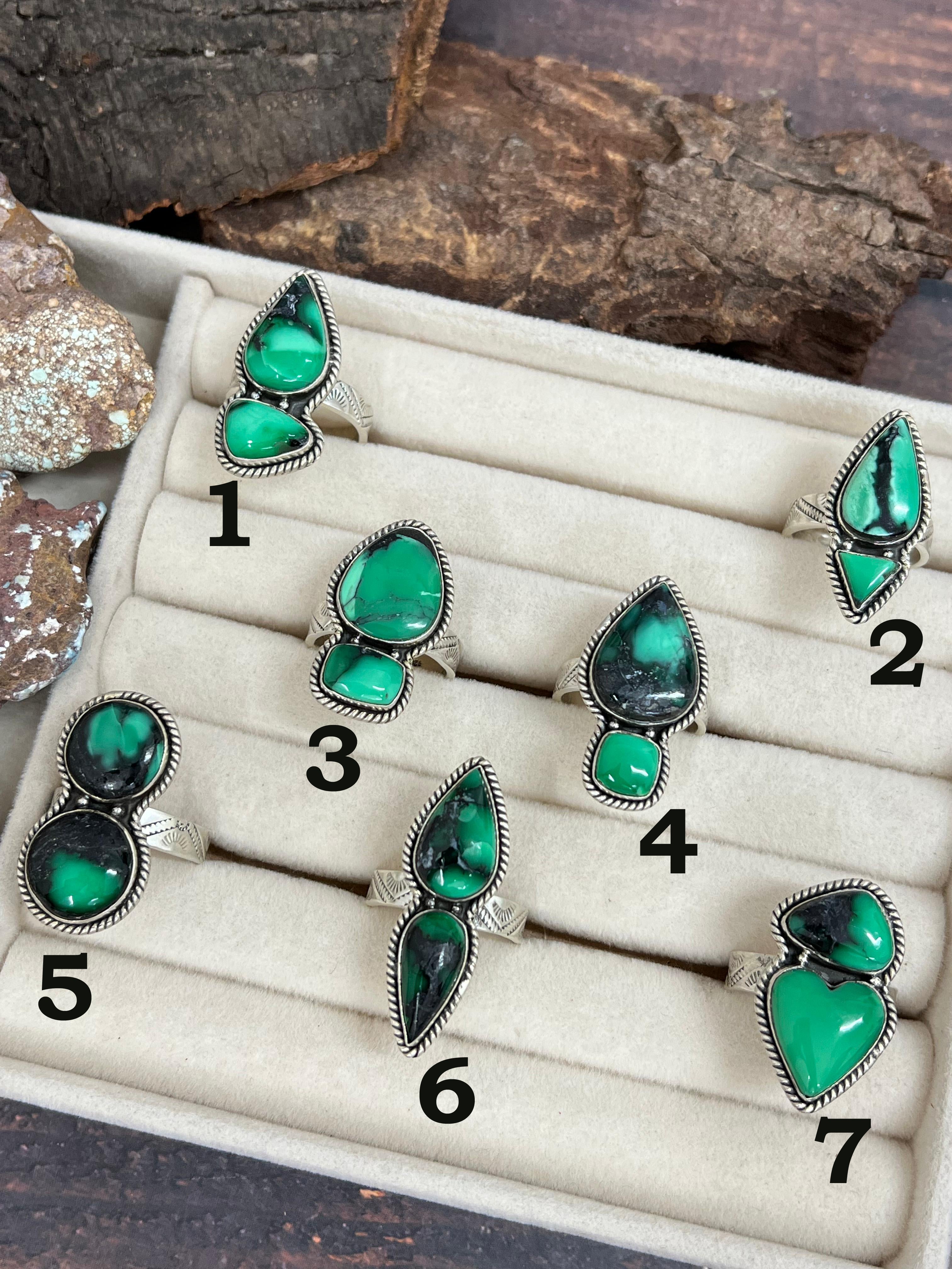 Handmade Sterling Silver Emerald Rose Variscite Adjustable Ring Signed Nizhoni