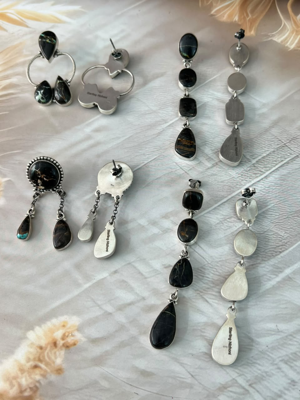 Handmade Sterling Silver Blackjack Turquoise Collection: Post Dangle Earrings Signed Nizhoni