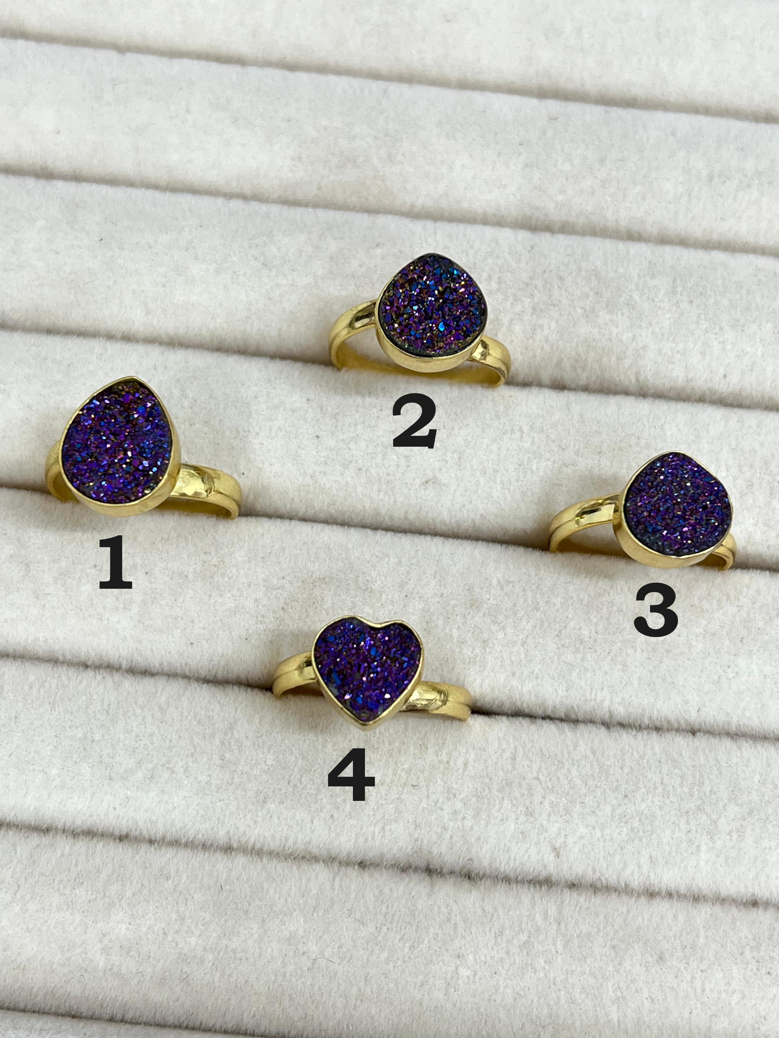“The Boho Collection” Handmade Natural Druzy Purple Adjustable Ring