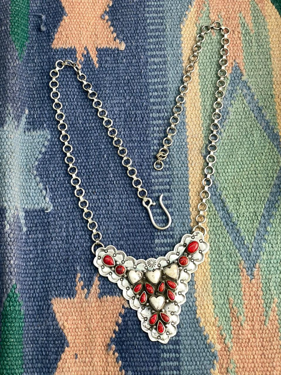 Handmade Sterling Silver White Buffalo with Red Opal Necklace "Signed Nizhoni"