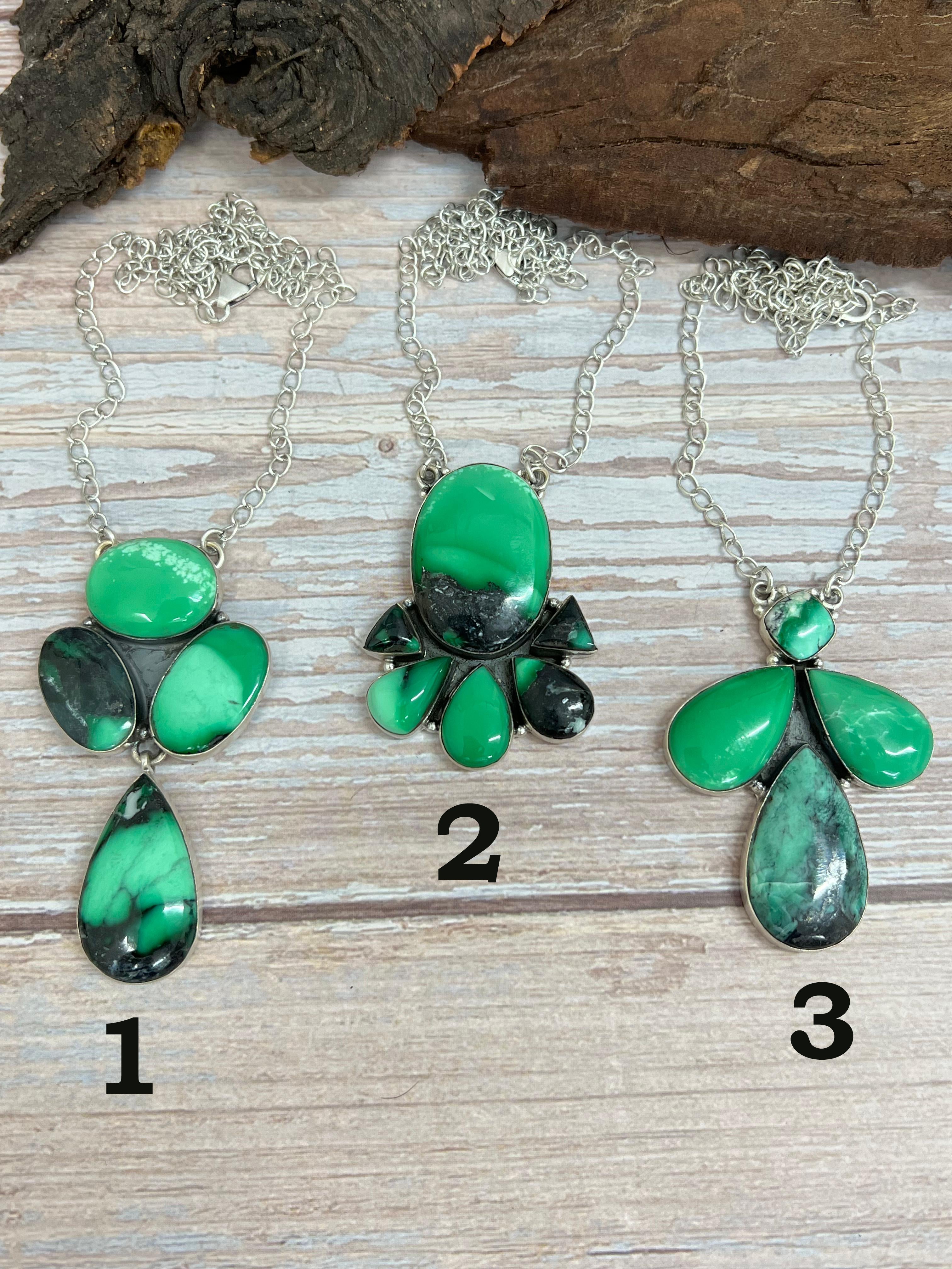 Handmade Sterling Silver Emerald Rose Necklace with Signed Nizhoni