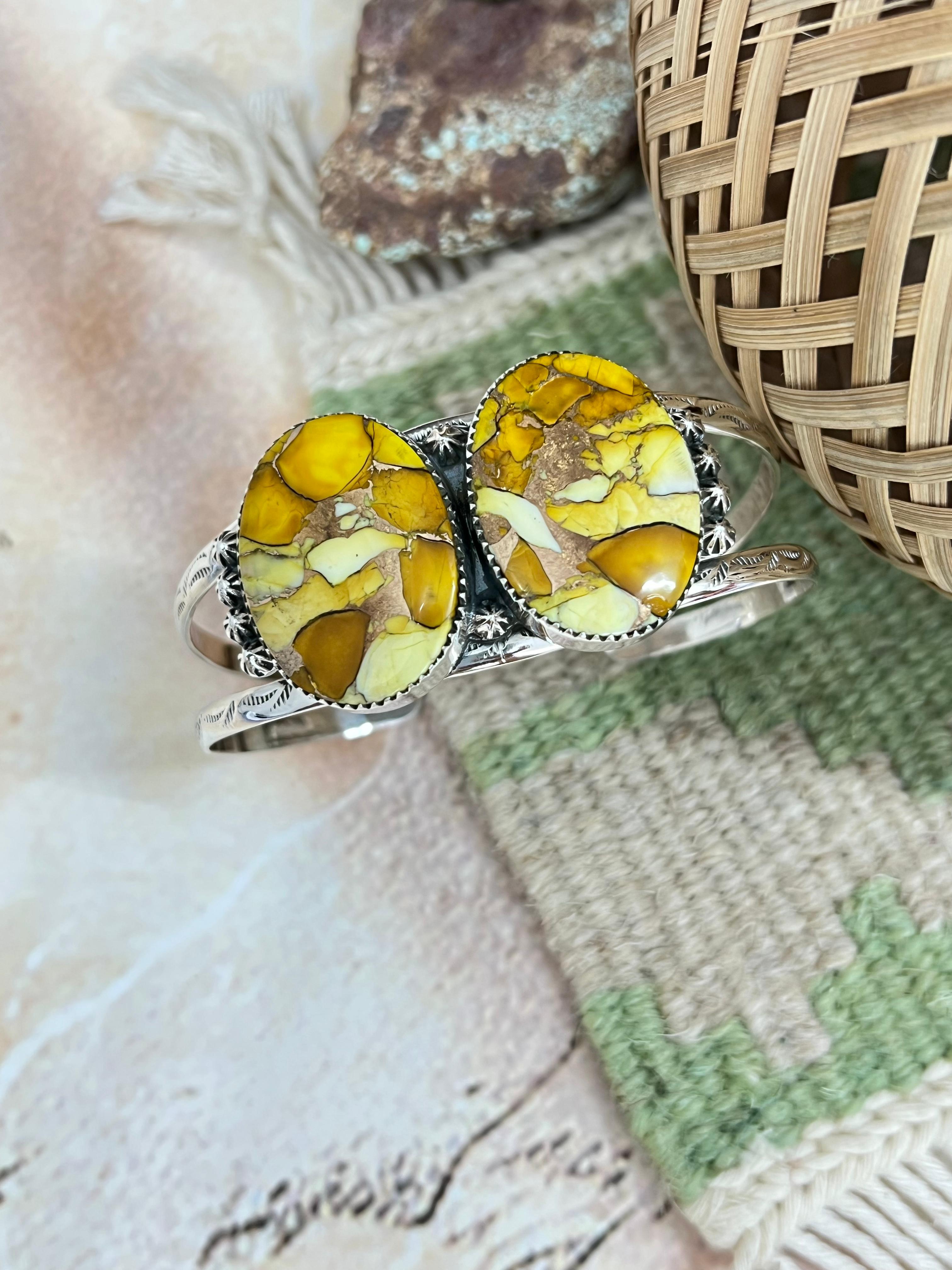 Handmade Sterling Silver Honey Dahlia Cuff Bracelet with Signed Nizhoni