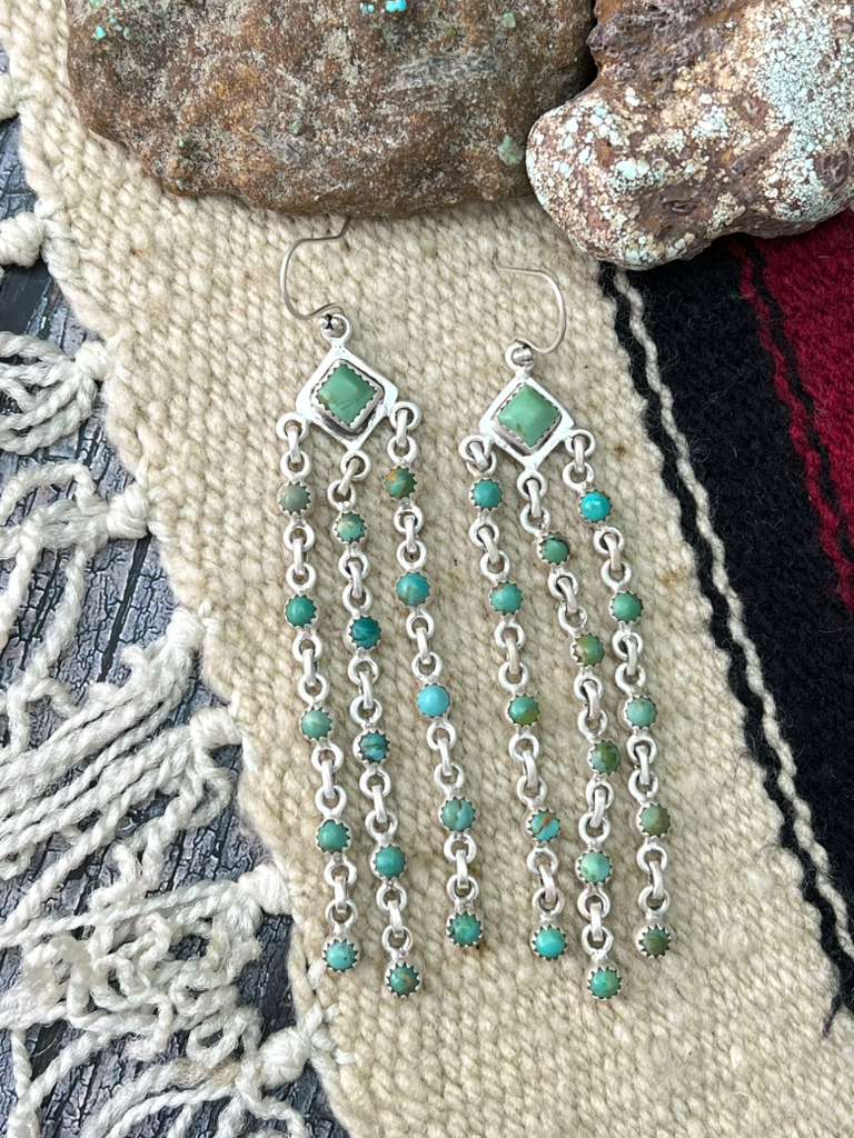 Handmade Sterling Silver Kingman Turquoise Hook Dangle Earrings with Signed Nizhoni