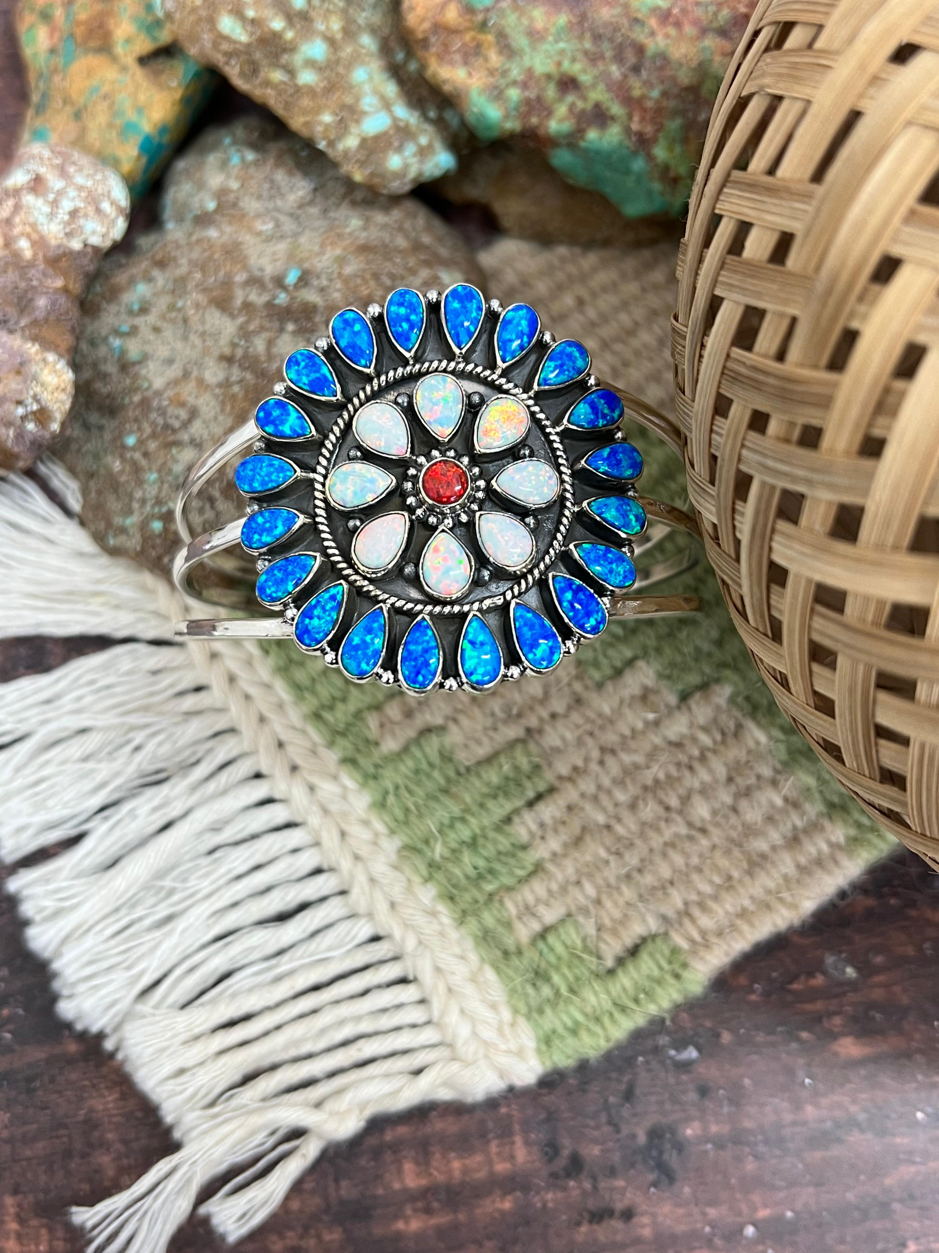 ** 4TH OF JULY ** Handmade Sterling Silver Synthetic Opal Cuff Bracelet with Signed Nizhoni