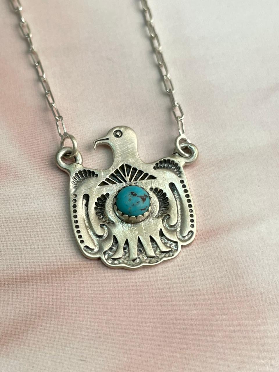 Handmade Sterling Silver Kingman Turquoise Thunder Bird Necklace "Signed Nizhoni"