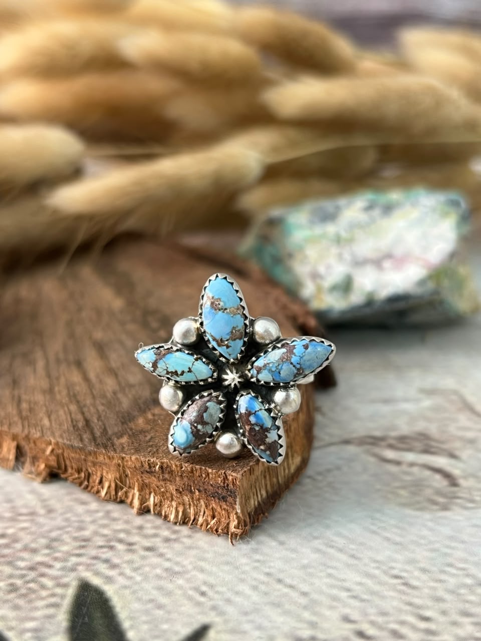 Handmade Sterling Silver Golden Hills Turquoise Adjustable Ring Signed Nizhoni