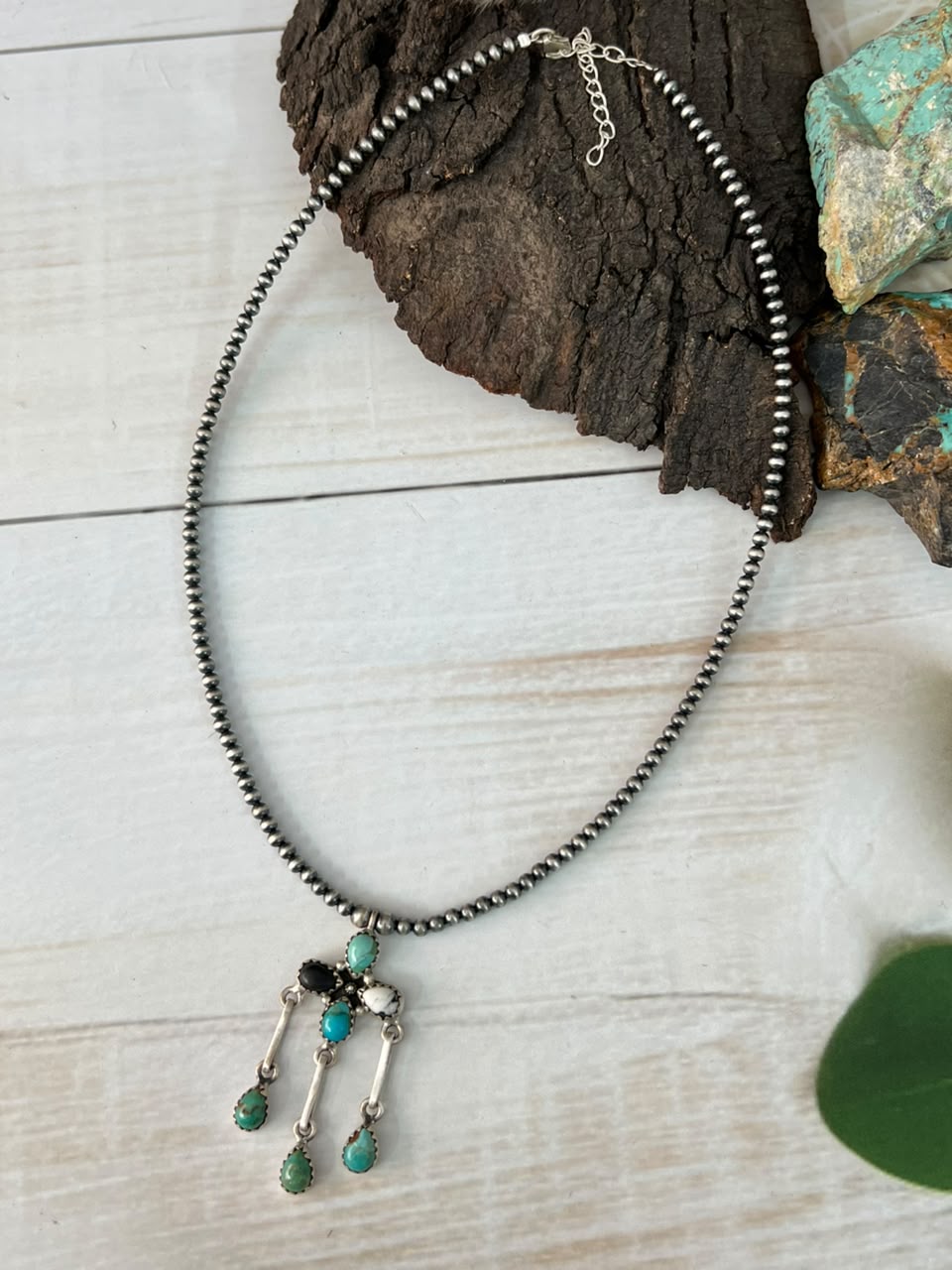 Handmade Sterling Silver Kingman Turquoise with White Buffalo Beaded Necklace Signed Nizhoni