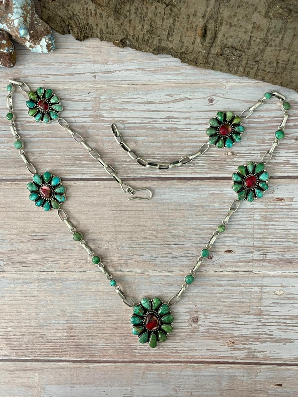 Handmade Sterling Silver Dahlia Rose with Emerald Valley Turquoise Necklace "Signed Nizhoni"