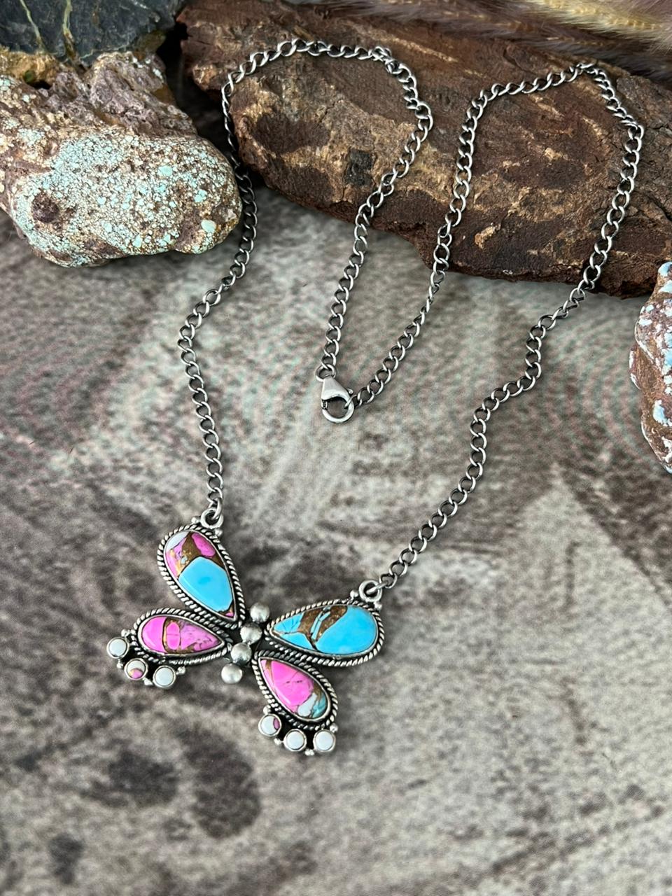 Handmade Sterling Silver Cotton Candy Butterfly Necklace "Signed Nizhoni"