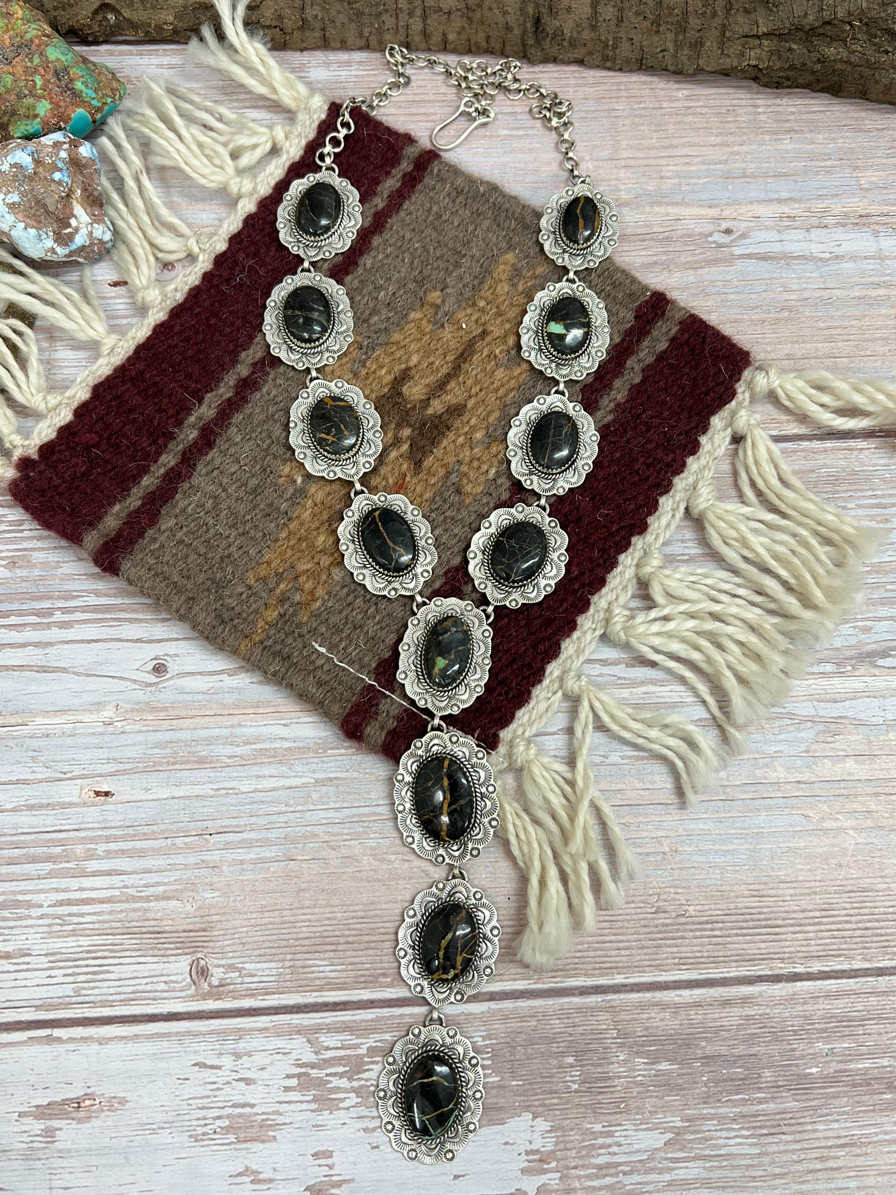 Handmade Sterling Silver Black Jack Necklace with Signed Nizhoni