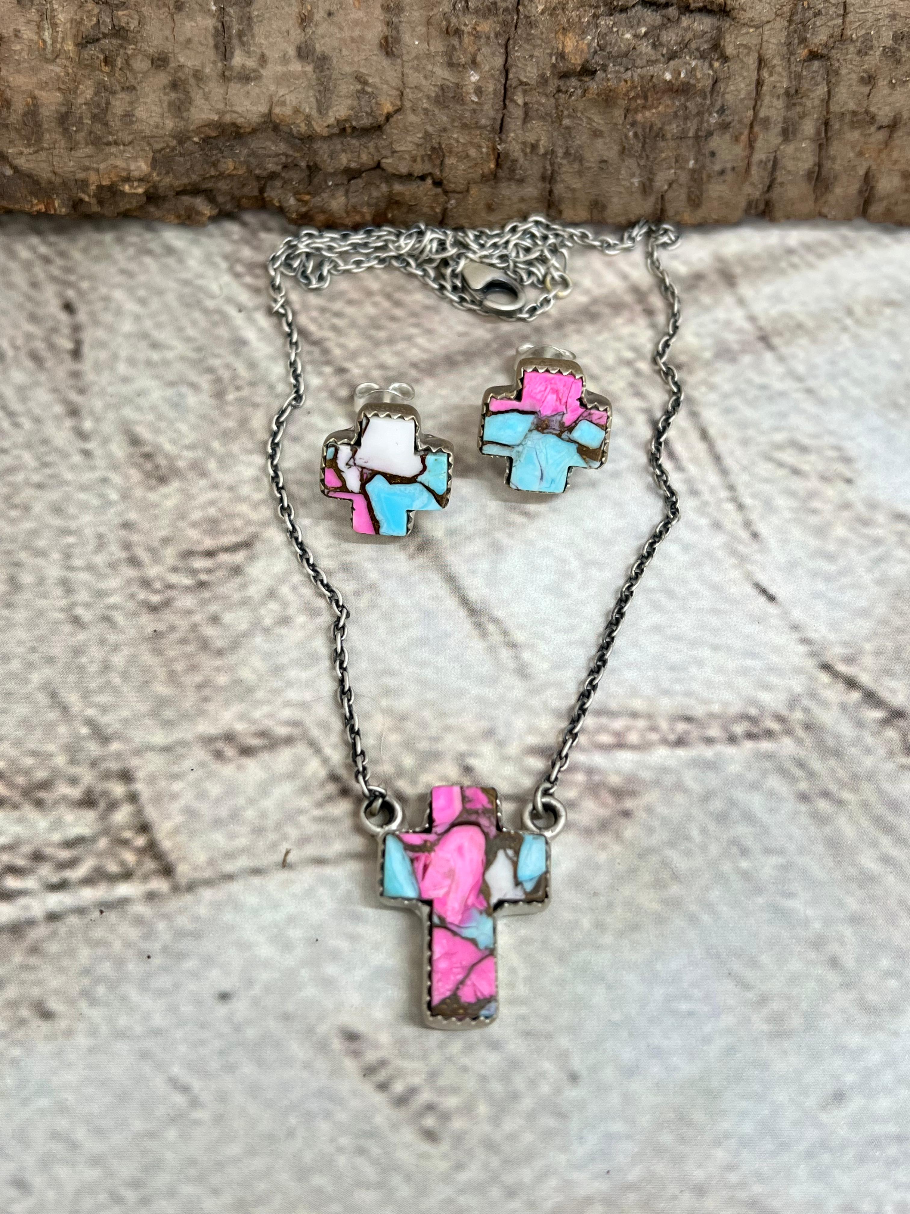 Handmade Sterling Silver Cotton Candy Turquoise Cross Necklace Earrings Set with Signed Nizhoni