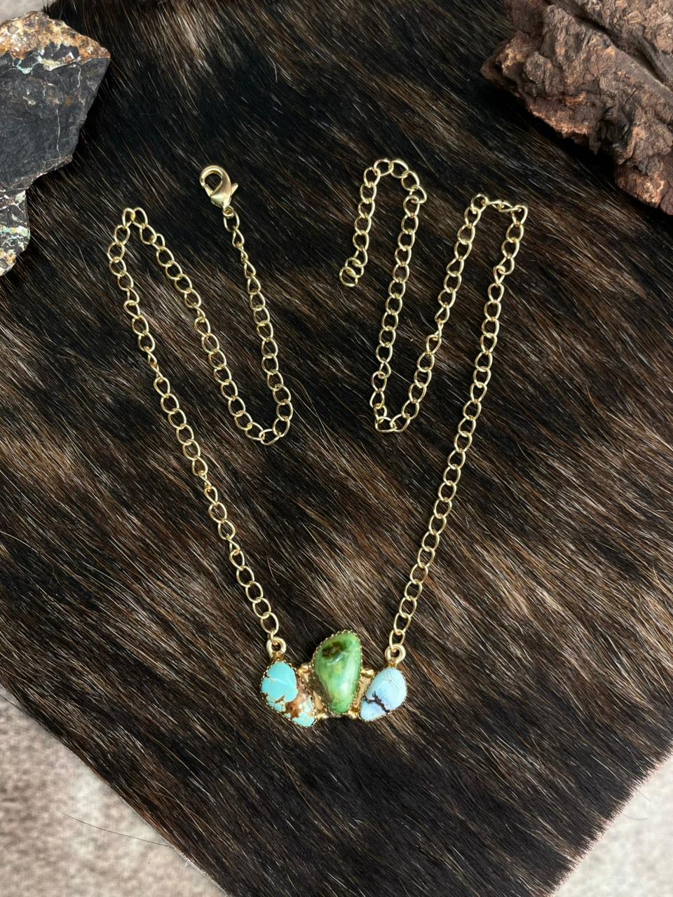 “The Golden Collection” Handmade Natural Golden Hills, Sonoran and Number 8 Turquoise Gold Plated Necklace