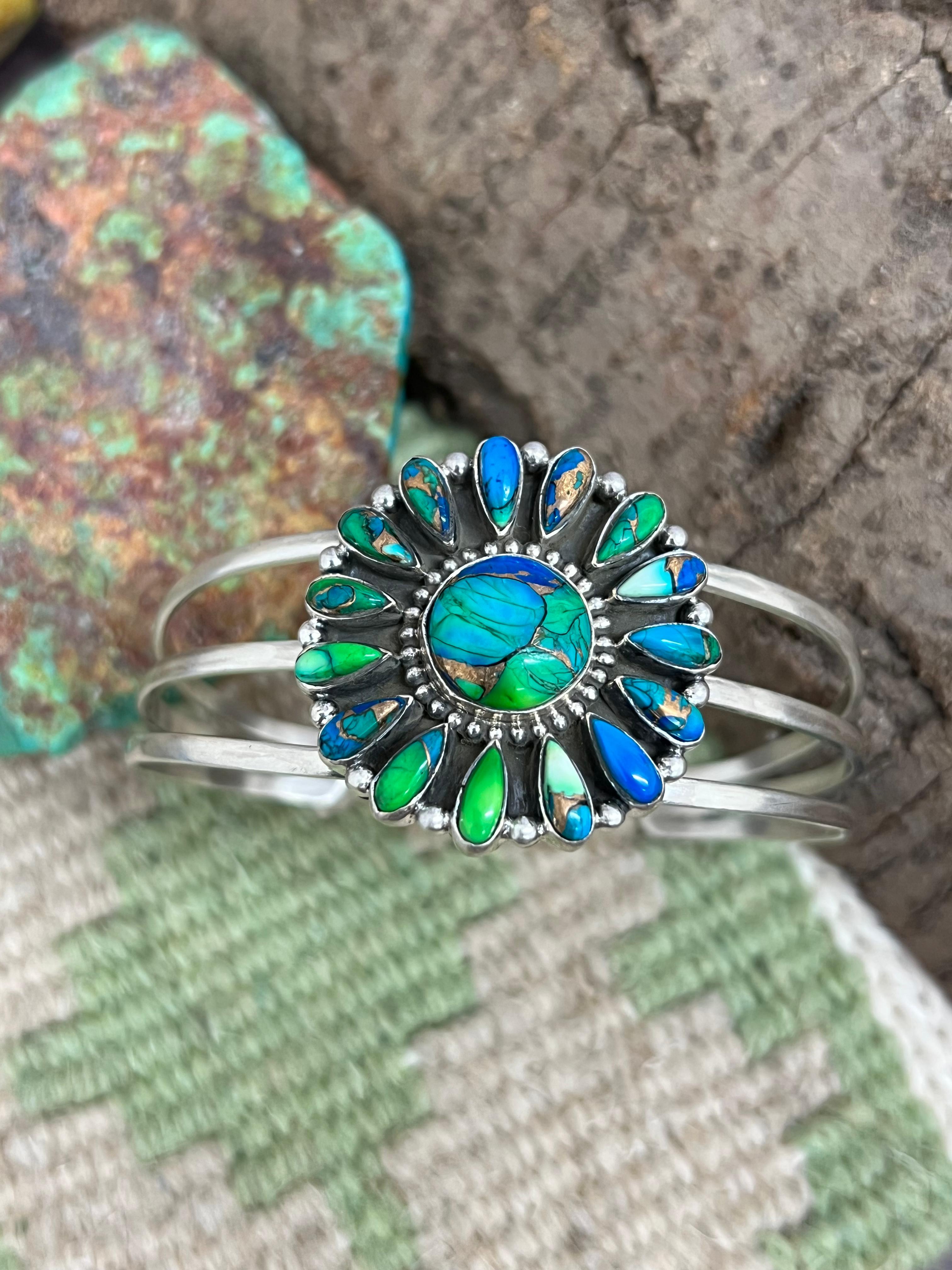 Handmade Sterling Silver Peacock Dahlia Cuff Bracelet with Signed Nizhoni