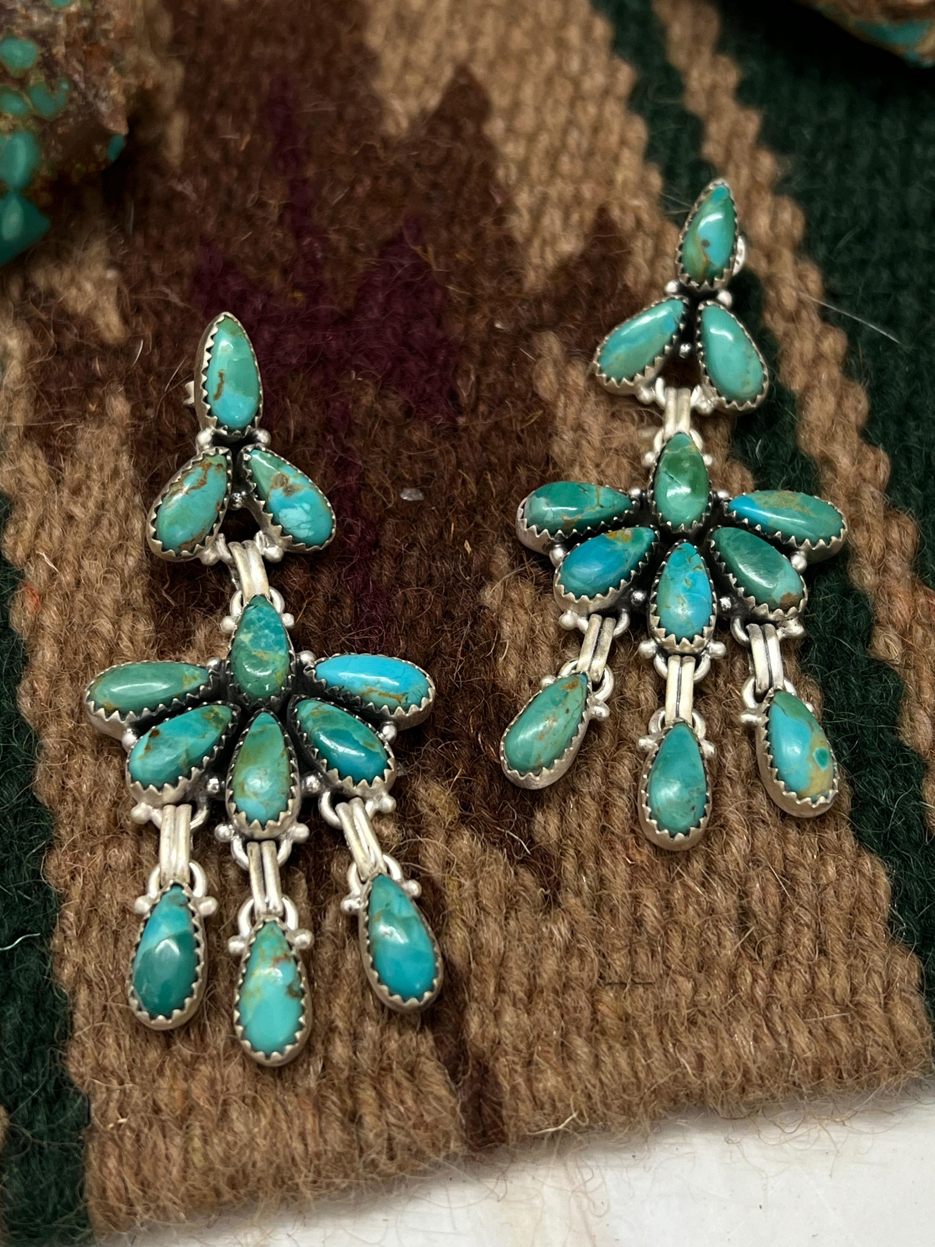 Handmade Sterling Silver Kingman Turquoise Post Dangle Earrings with Signed Nizhoni