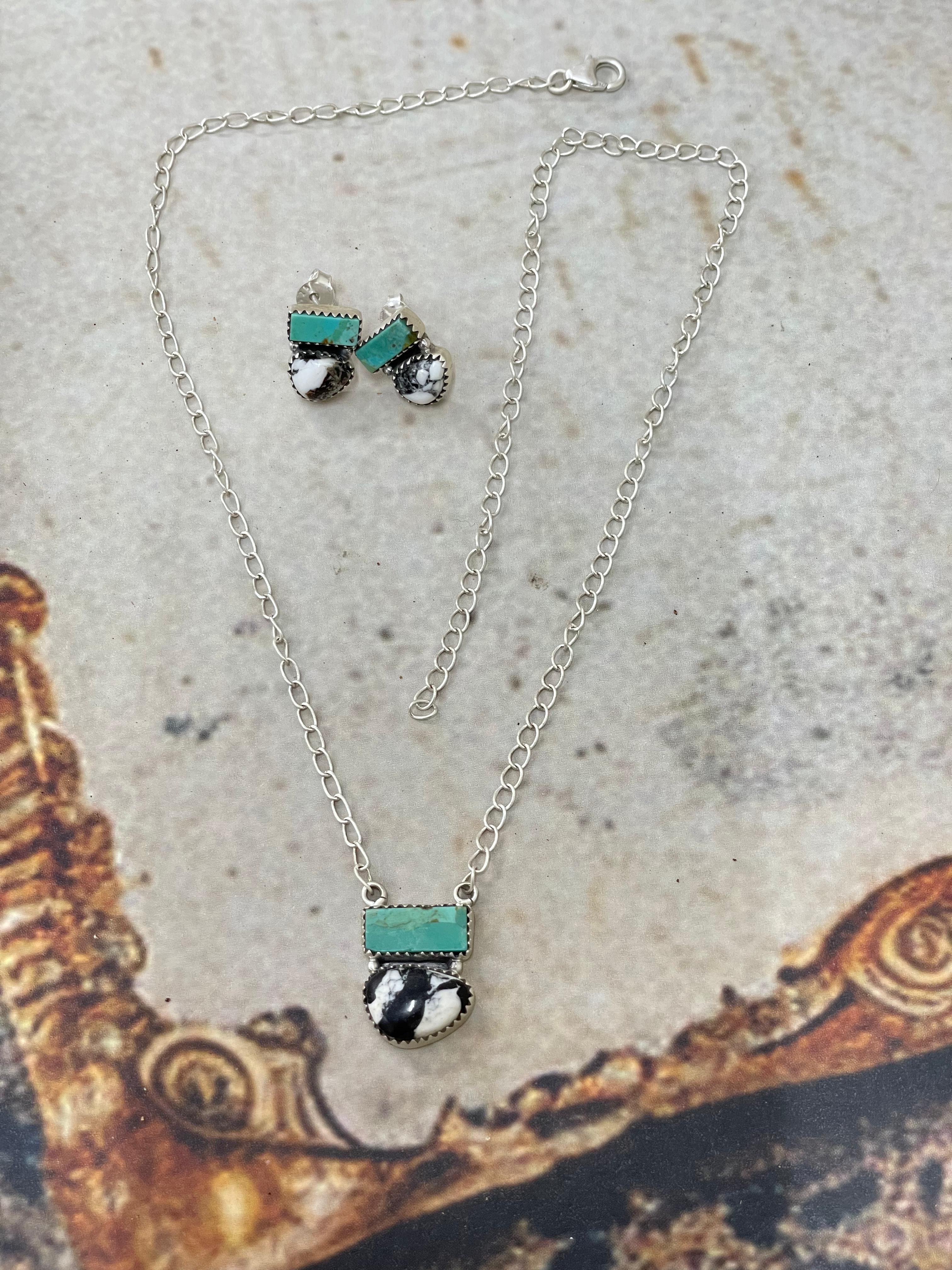 Handmade Sterling Silver Kingman with White Buffalo Necklace Earrings Set with Signed Nizhoni