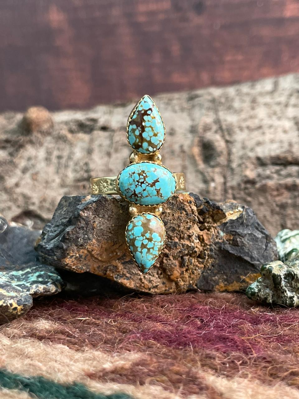 “The Golden Collection” Handmade Number 8 Turquoise with Gold 3 Stone Adjustable Ring