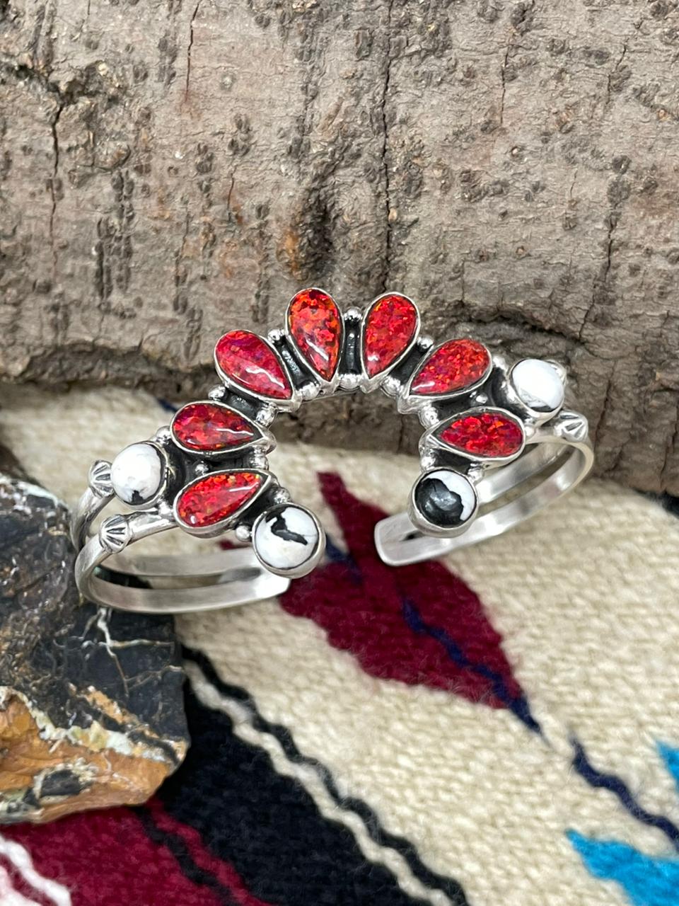 "Christmas Collection" Handmade Sterling Silver White Buffalo With Red Opal Naja Cuff Bracelet "Signed Nizhoni"