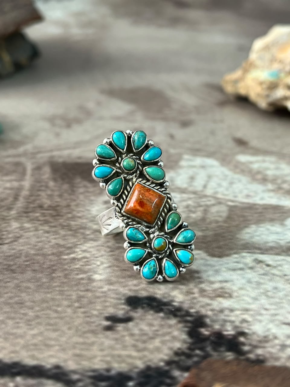 Handmade Sterling Silver Kingman Turquoise with Orange Mojave Adjustable Ring Signed Nizhoni