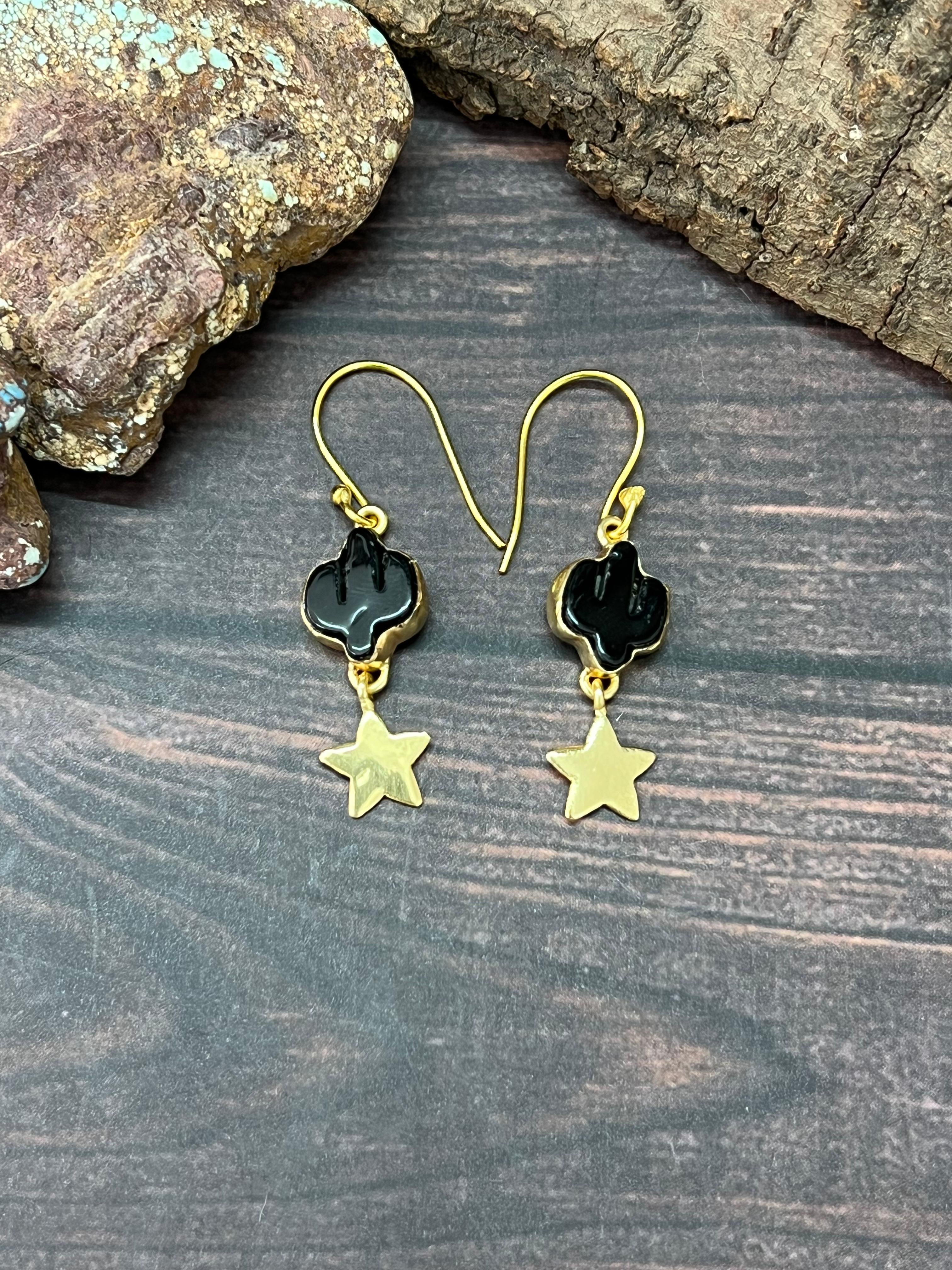 “The Golden Collection” Handmade Natural Black Onyx Cactus Star Hook Dangle Earrings