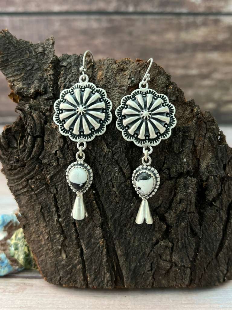 Handmade Sterling Silver White Buffalo Hook Dangle Earrings "Signed Nizhoni"