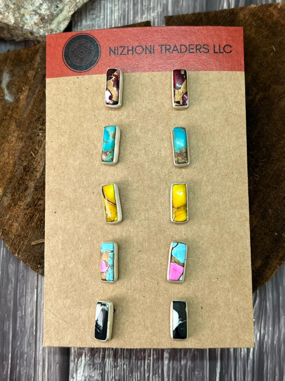 Handmade Sterling Silver Multi Stones Post Studs Earrings Card Set