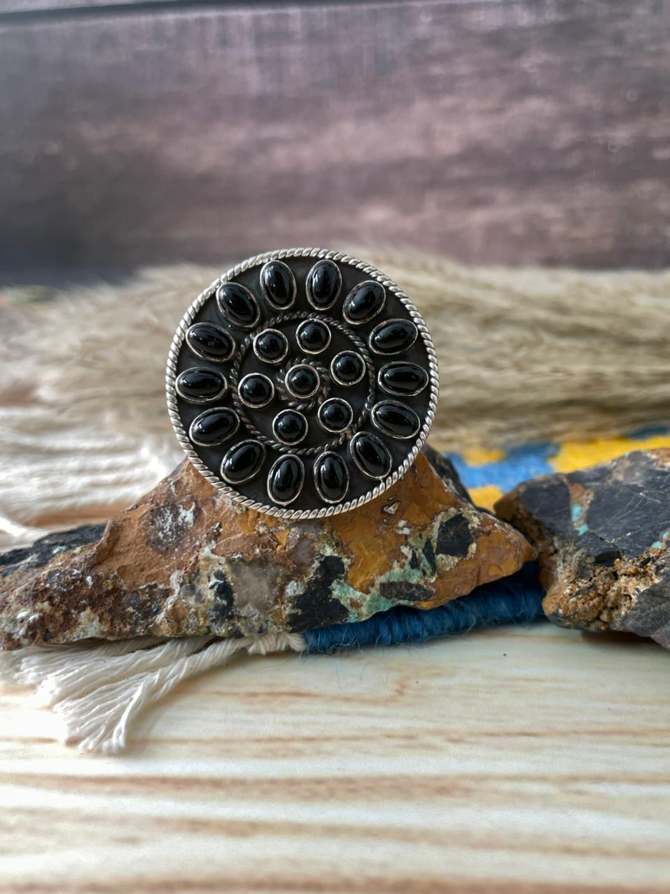 Handmade Sterling Silver Black Onyx Adjustable Ring "Signed Nizhoni"