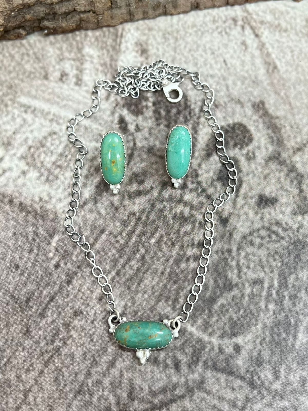 Handmade Sterling Silver Royston Turquoise Necklace Earrings Set, Signed Nizhoni