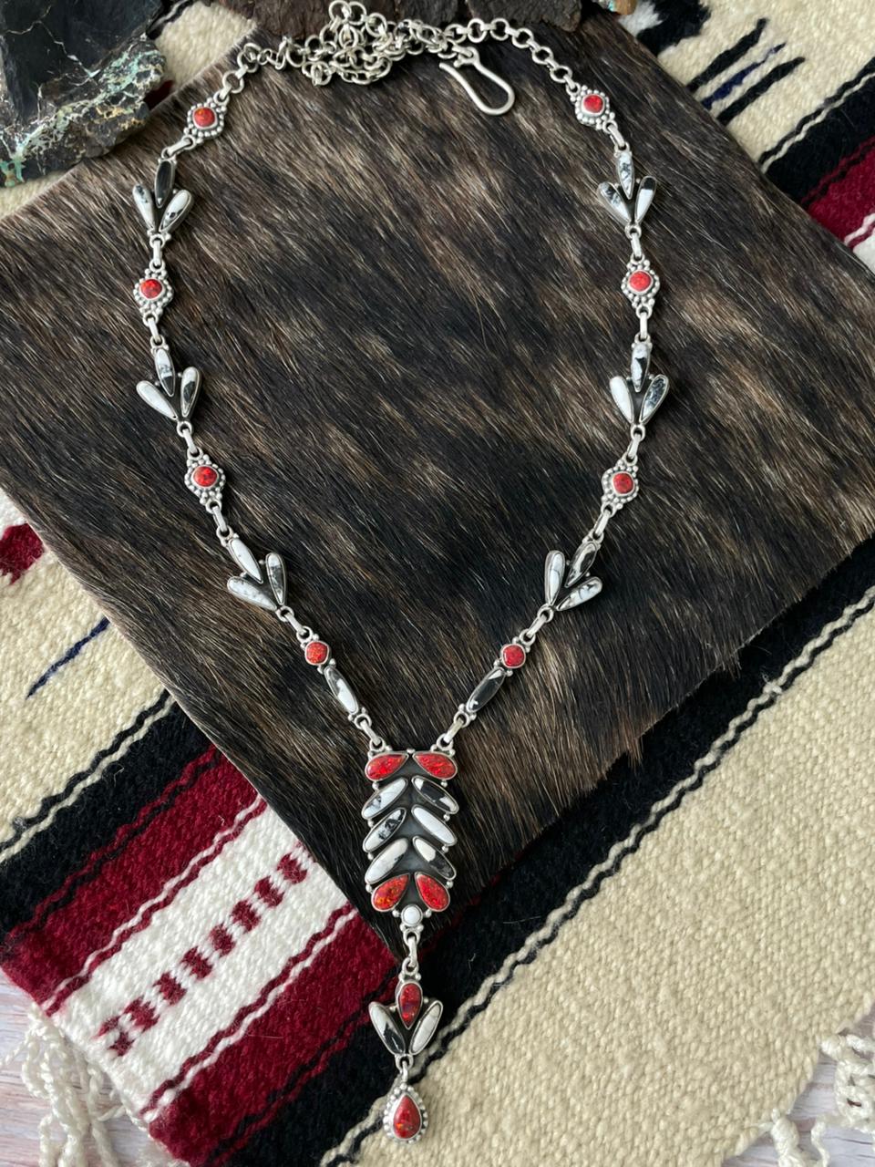 Handmade Sterling Silver White Buffalo with Red Opal Necklace "Signed Nizhoni"