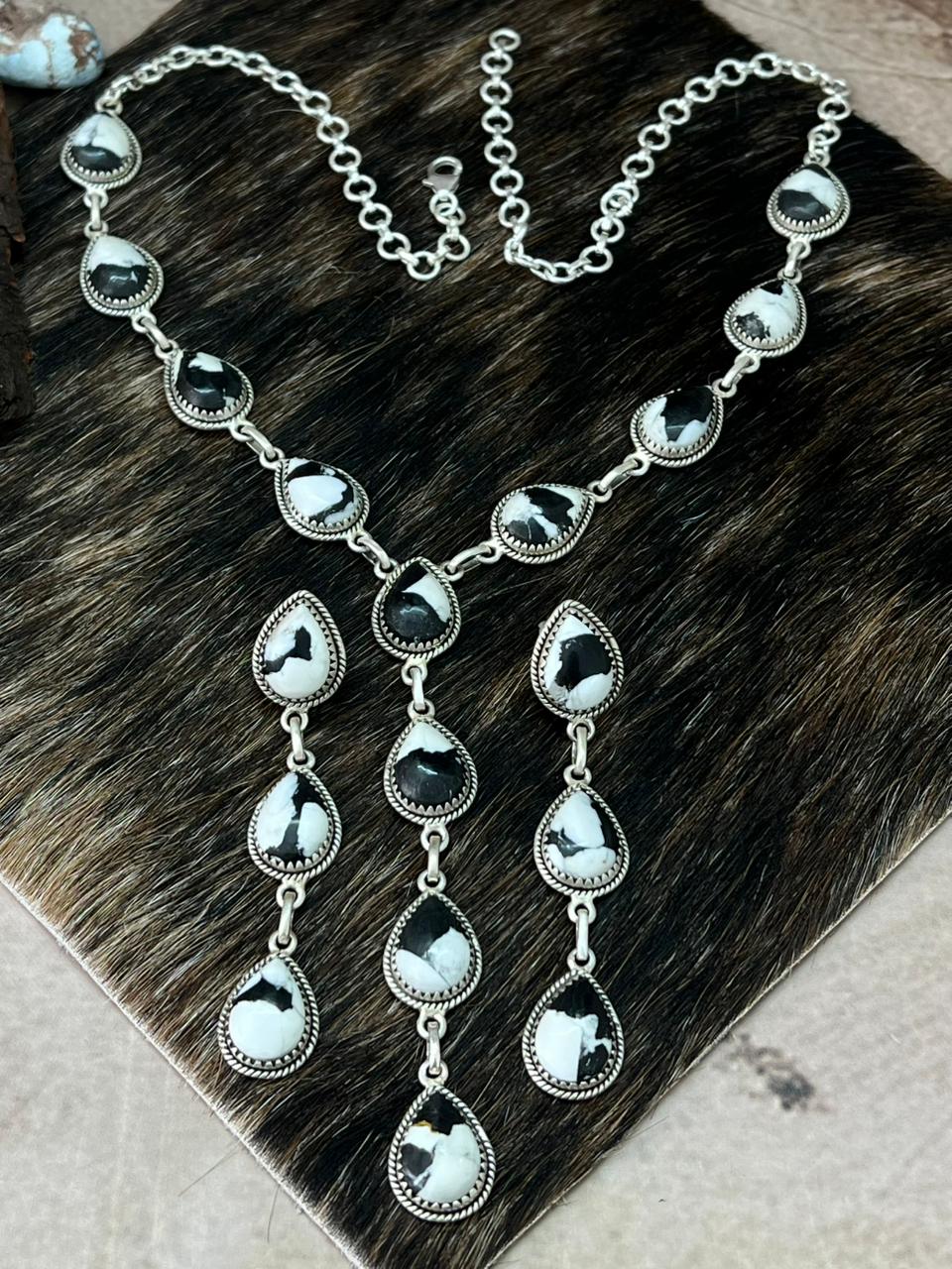 Handmade Sterling Silver White Buffalo Necklace Earrings Set "Signed Nizhoni"