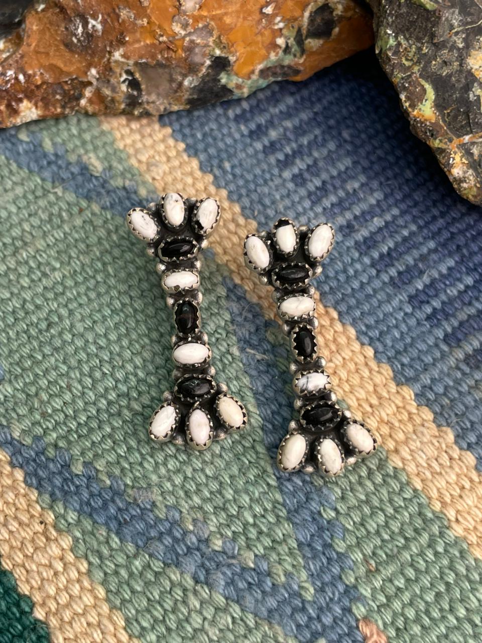 Handmade Sterling Silver White Buffalo Post Earrings "Signed Nizhoni"