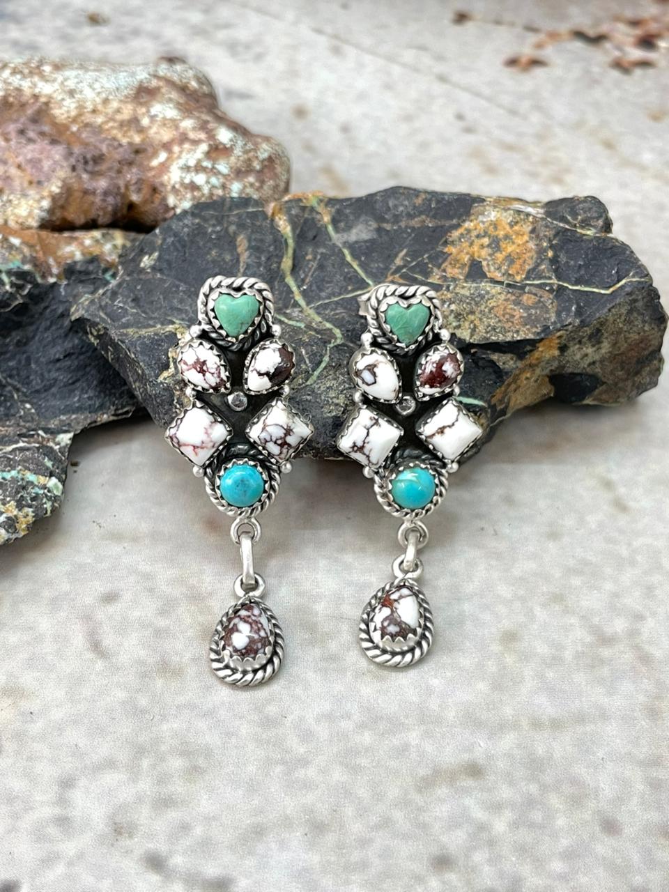 Handmade Sterling Silver Kingman with Wildhorse Post Dangle Earrings "Signed Nizhoni"