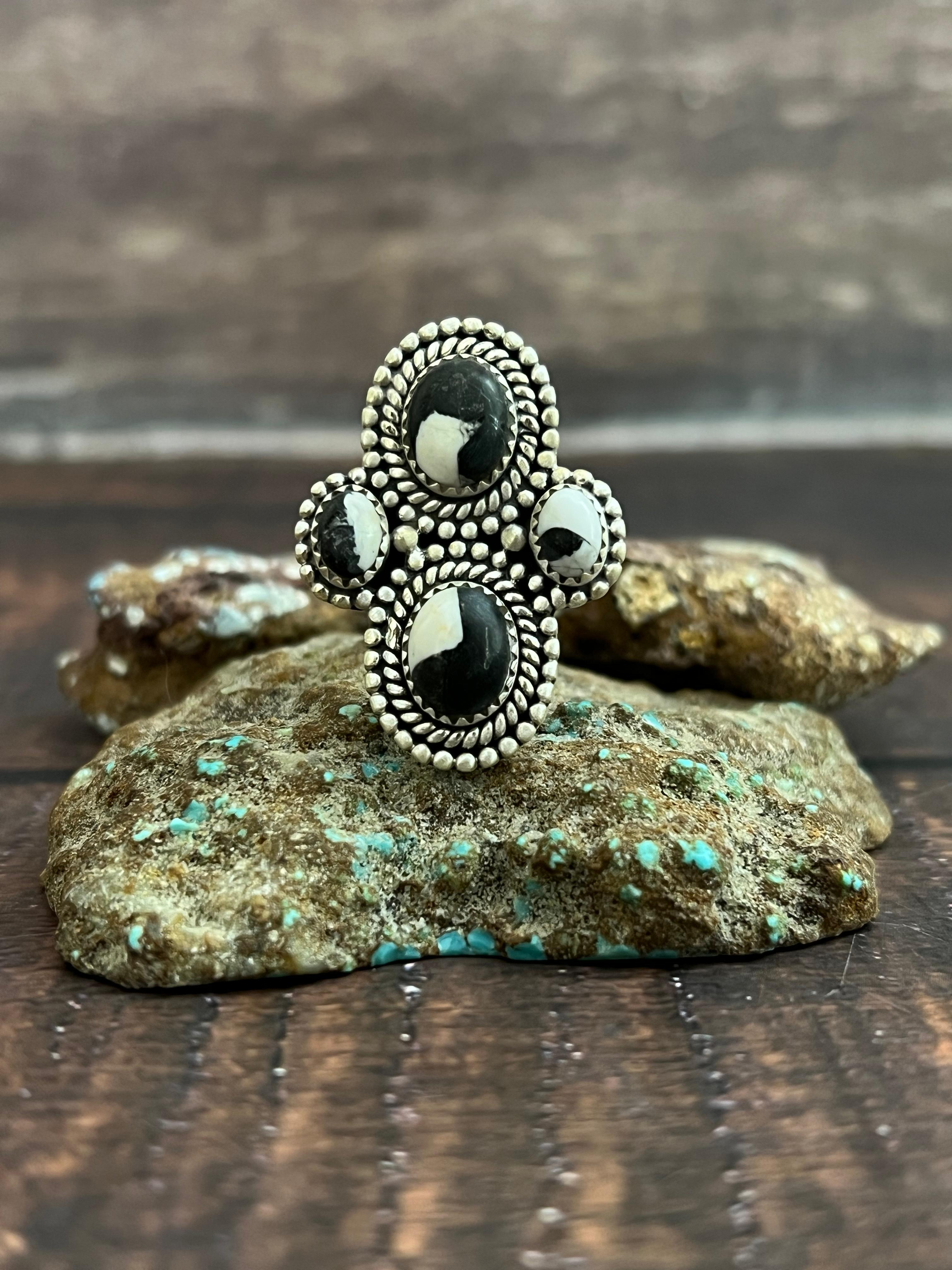 Handmade Sterling Silver White Buffalo Adjustable Ring, Signed Nizhoni