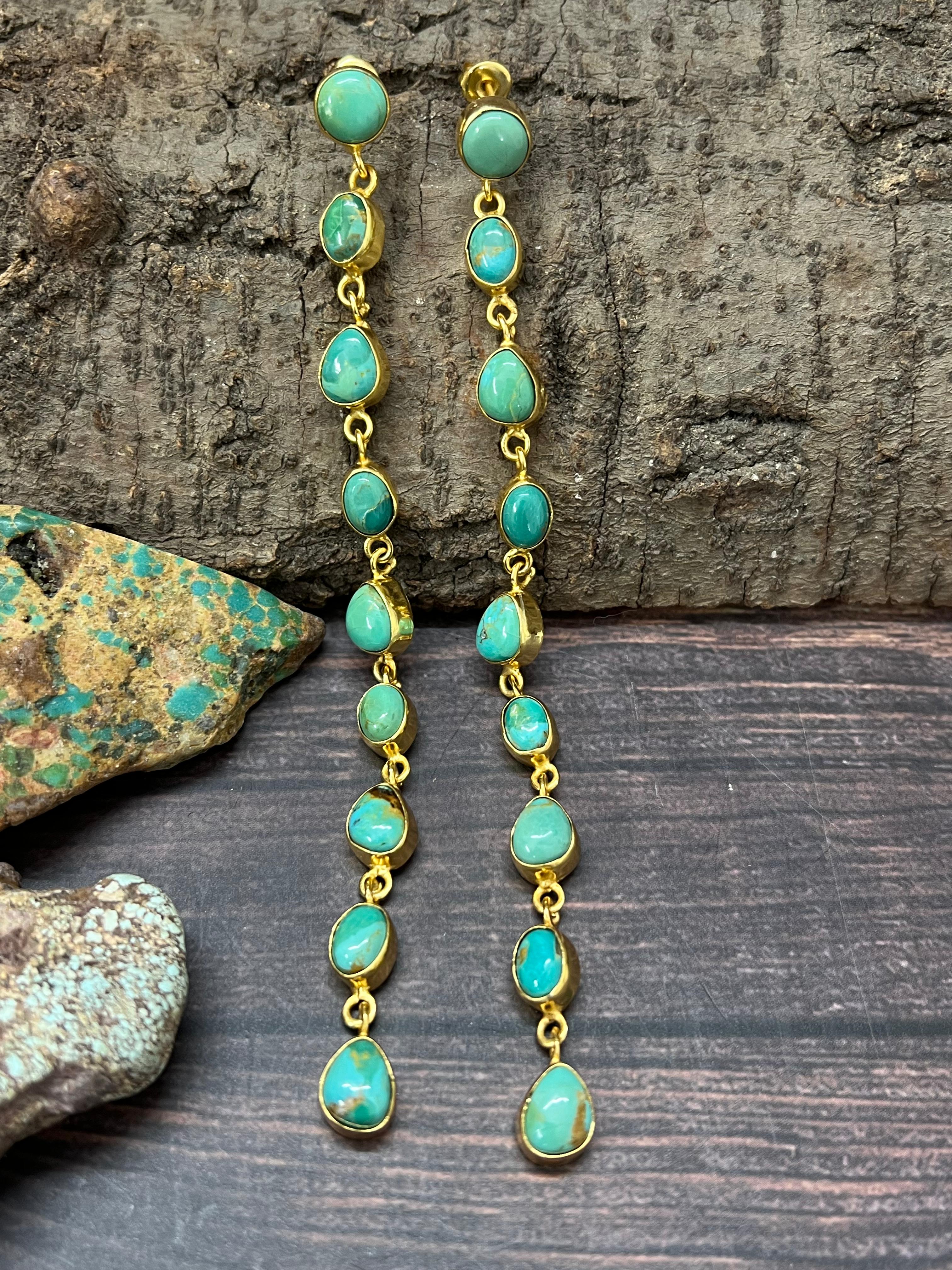 “The Golden Collection” RUNWAY Handmade Natural Kingman Turquoise Post Dangle Earrings (4)
